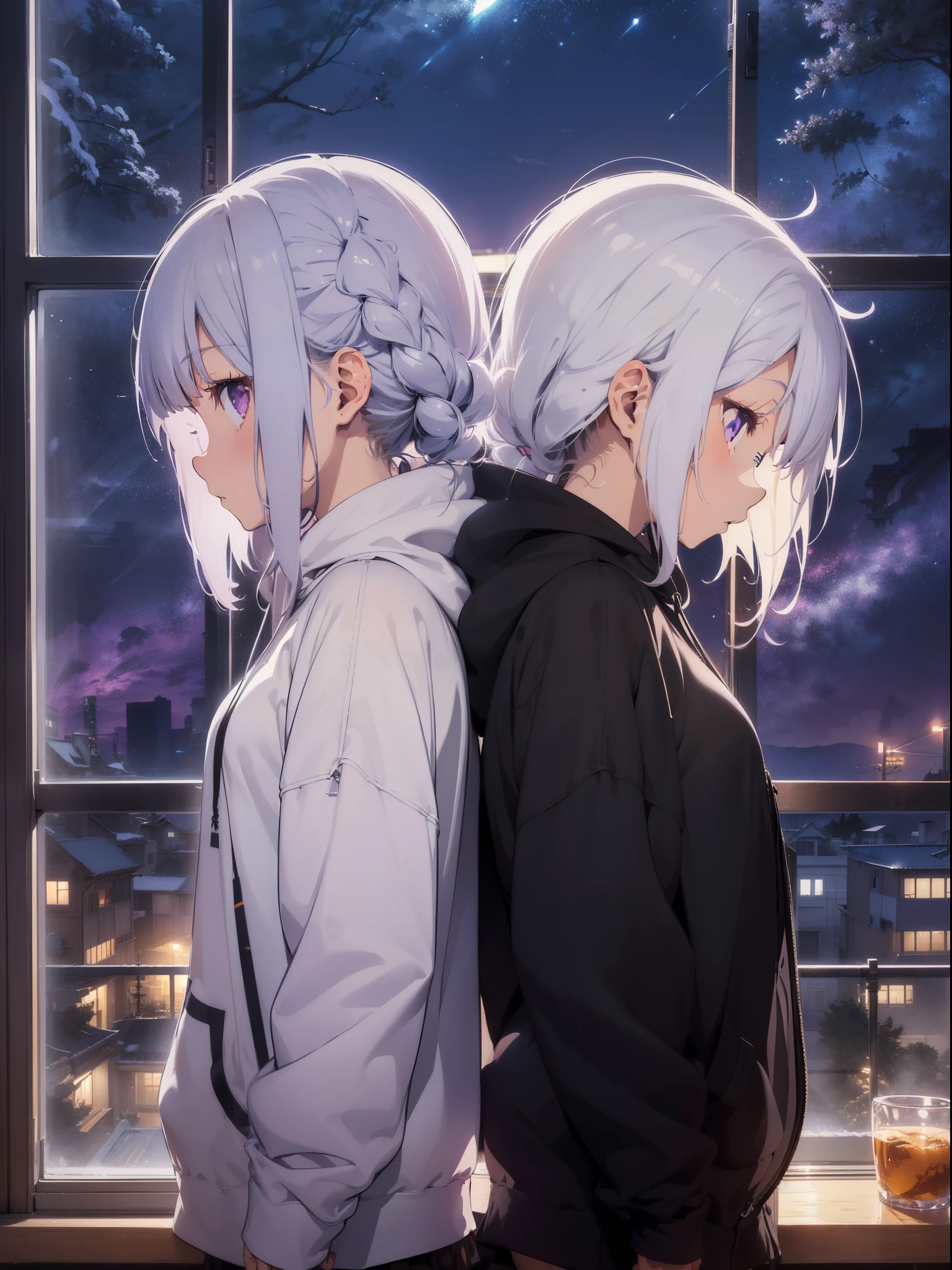 Anime girl in a hoodie,((1girl in:1.4)), hair messy, study in her room,, Look at something, winter night, (2D Illustration:1.2), (1girl in:1.3), ((chill vibes)), Night, ((from side view:1.4))、white  hair、Light purple eyes、Bob Hair、Long sideburns