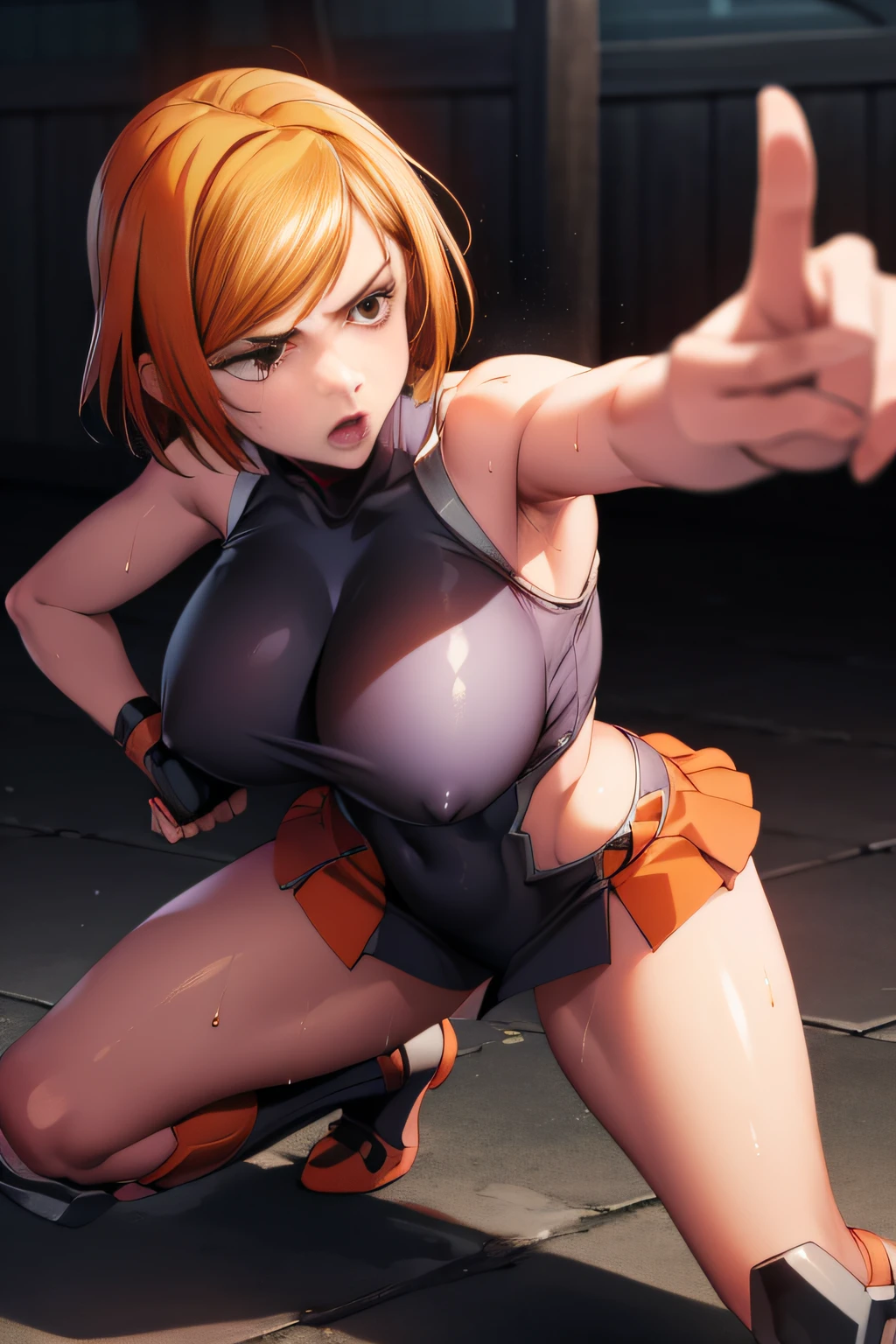 (masutepiece), (Best Quality), (Ultra-detailed), (Best Illustration), (Best Shadow), (absurderes), Novak Gisakinova, 18year old,Short hair, Orange hair, Brown eyes, kugisaki-nobara, Moles under the outer edge of the eyes, Large breasts, cleavage,(Igawa costume,black bodou suit,Orange miniskirt,Exposed shoulders), Navel, shrine background,(Fighting stance, If you are posing, Dynamic Angle),From below,angry,(full of sweat)