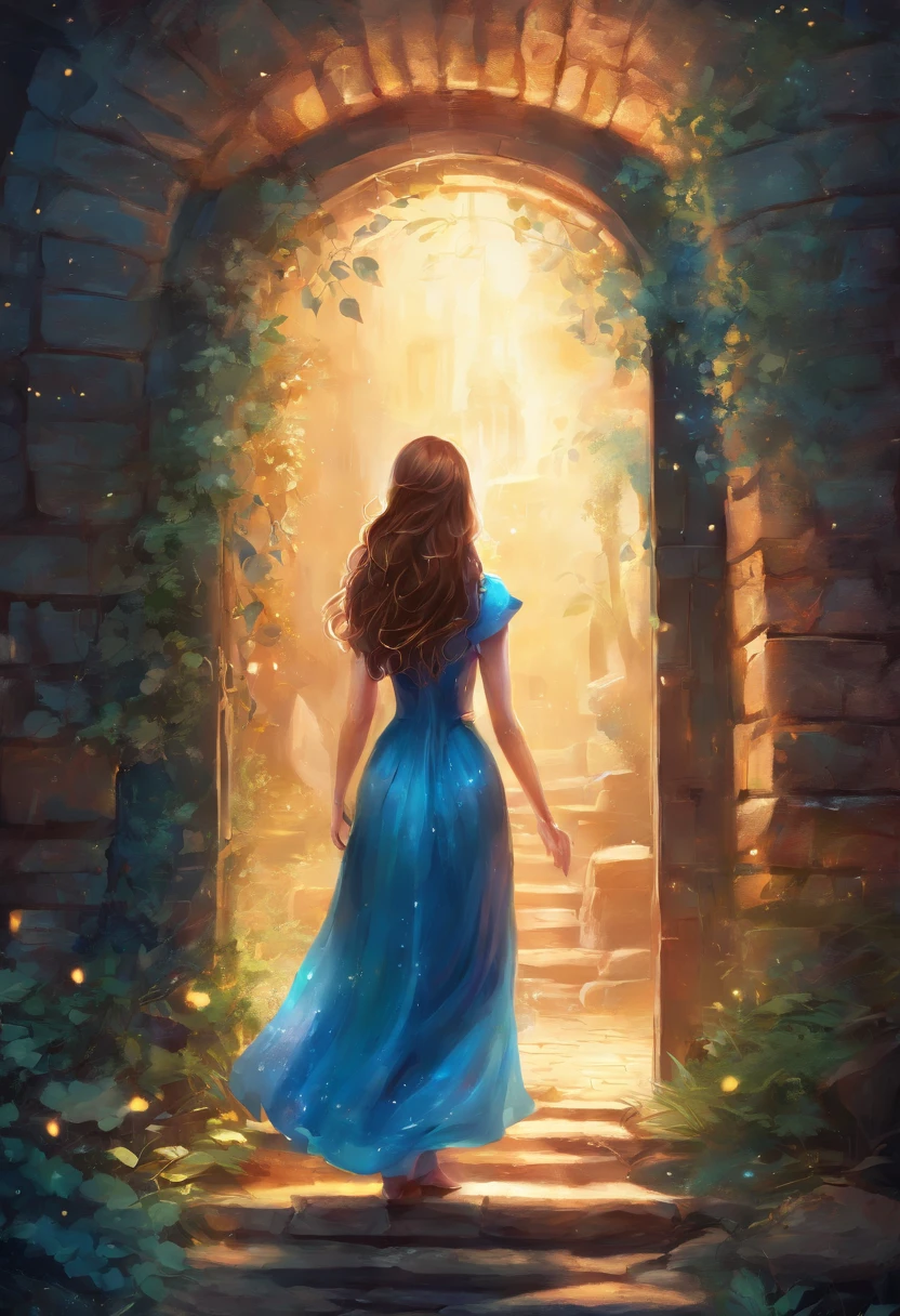 young female adult with long beautiful brown hair, she is wearing a nice blue summerdress when she finds a secret door in a small alleyway in the center of Berlin that leads into a new mystical world, where small blue lightnings radiates from her hands