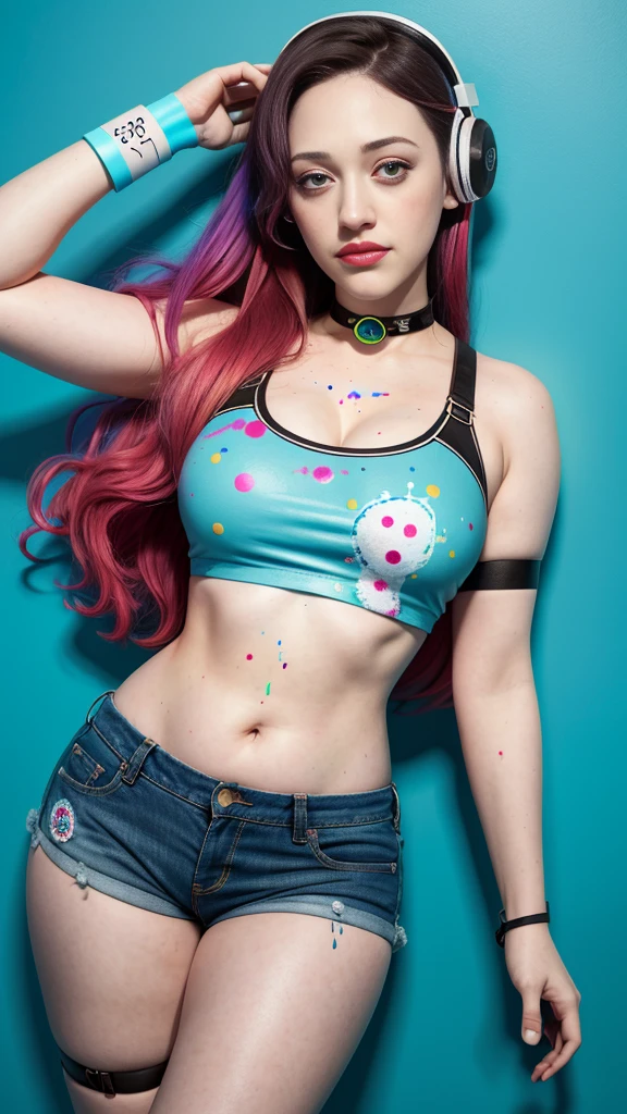 Kat Dennings、masterpiece, top-quality, 1girl in, 独奏, croptop, Denim shorts, a choker, (doodle:1.5), Paint Splatter, arms behind back, Hitting a wall, Look at viewers, Armbands, Thigh strap, Paint on the body, tilt of the head, tedium, O cabelo multicolorido, Aqua Eye, headset on head,