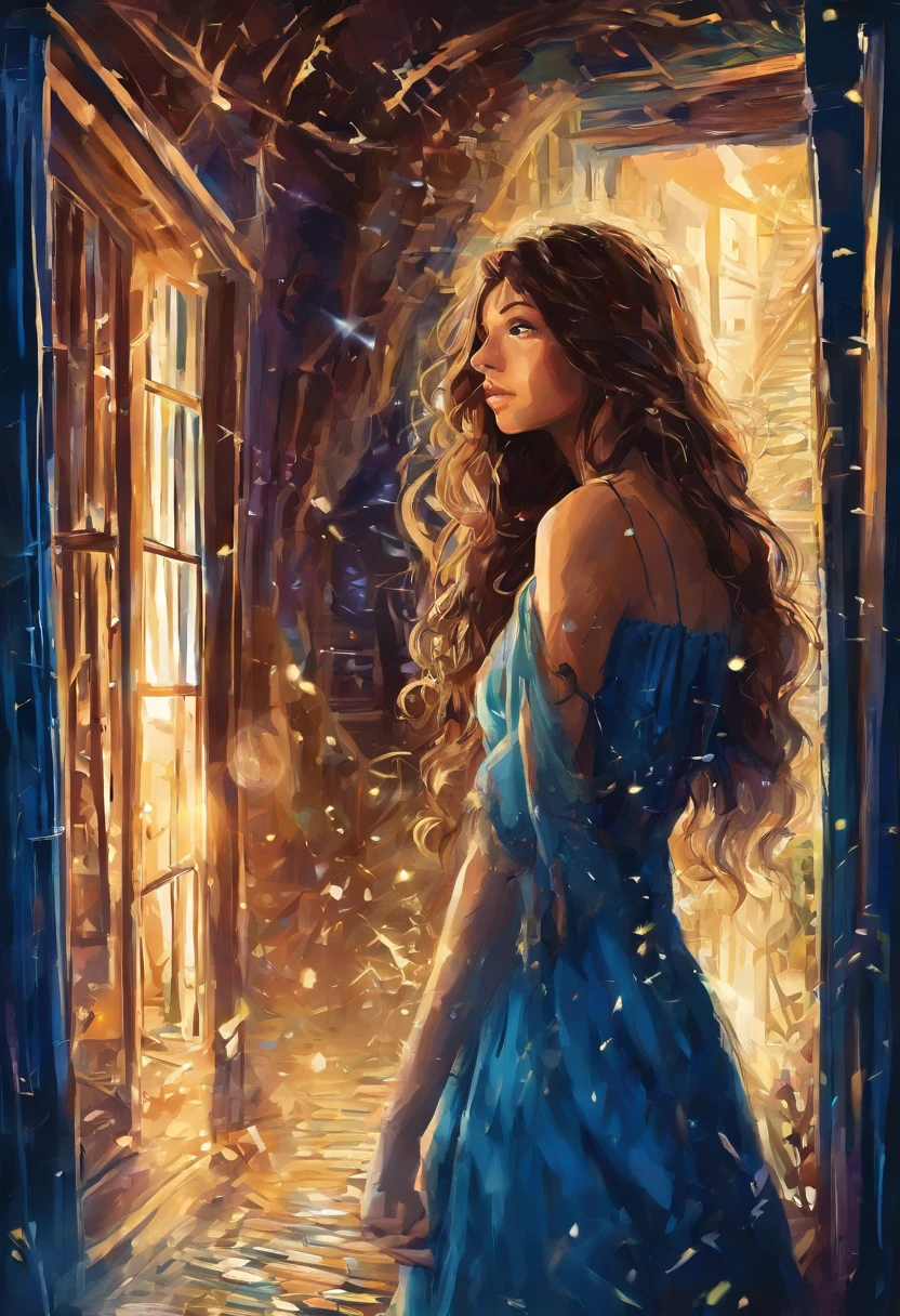 young female adult with long beautiful brown hair, she is wearing a nice blue summerdress when she finds a secret door in a small alleyway in the center of Berlin that leads into a new mystical world, where small blue lightnings radiates from her hands