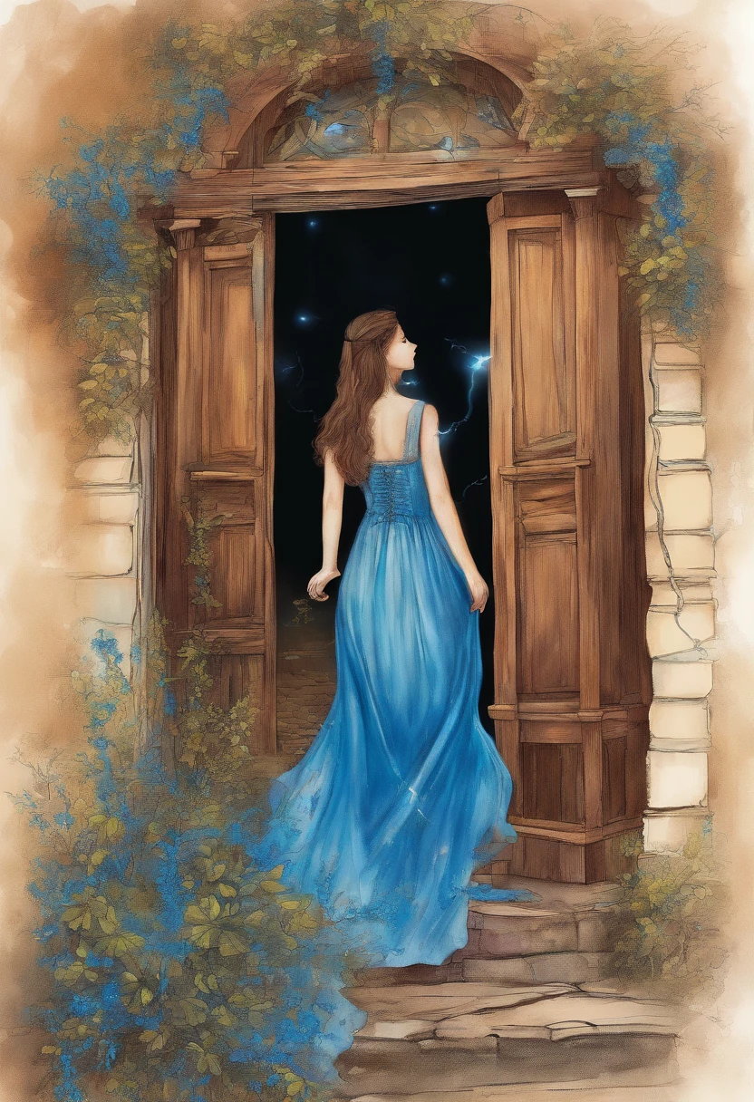 young female adult with long beautiful brown hair, she is wearing a nice blue summerdress when she finds a secret door in a small alleyway in the center of Berlin that leads into a new mystical world, where small blue lightnings radiates from her hands