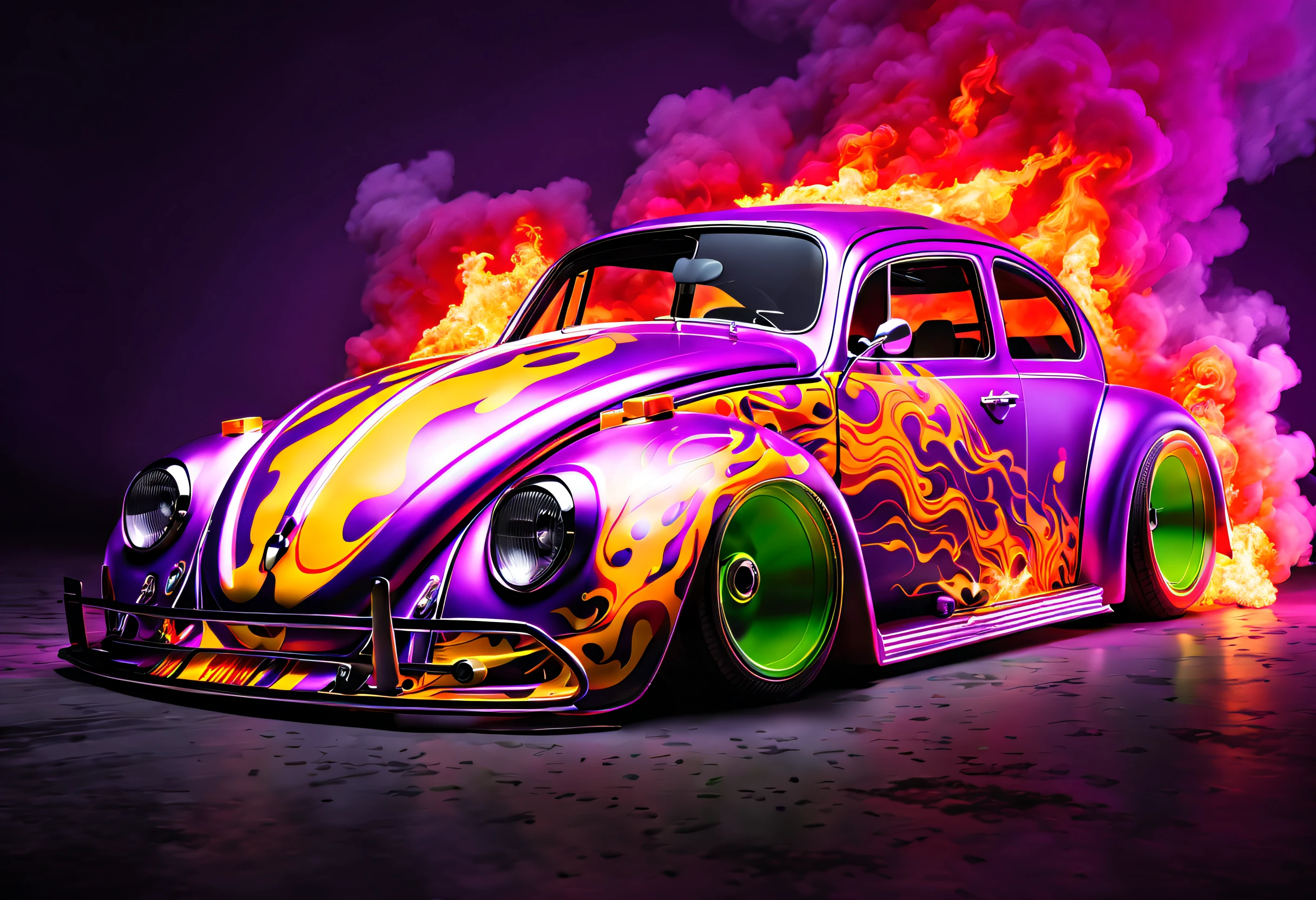 a (((hyper-realistic))), (((32k UHD masterpiece in the style of a cinematic art piece))). The focal point is a futuristic "race car muscle new beetle" shown at a dynamic angle, engulfed in flames. The level of (detail is extraordinary), capturing the intricacies of the car's rear with bold textures and vibrant, contrasting colors. Predominantly purple and green glitter hues dominate the composition, emphasizing the blazing car as the centerpiece. The fire is depicted with a mix of grays and purples, creating a dramatic and intense atmosphere. The smoke billows in all directions, adding a surreal element to the scene. The image, with an aspect ratio of 16:9, fills the screen, immersing the viewer in the cinematic experience. This hyper-realistic artwork draws inspiration from artists like Jackson Pollock, known for his dynamic "action painting" technique, and Salvador Dali, with his dreamlike, surreal images. The overall composition explores themes of speed, action, and transformation. The addition of film grain, sharp details, and a ((raw style reminiscent of Fujifilm XT3 35mm f4)) contributes to the ((studio art)) feel, creating a visually stunning representation of a (burning racing car).