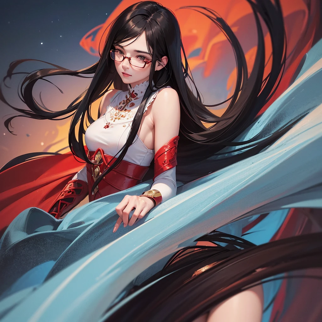 Girl with long black hair, Detailed Brown Eyes, Wearing Red Glasses, Soft Smile, Half Profile, (Ultra High Resolution), Half Profile, Night Sky in the background,(Ultra Realistic), (Illustration), (High Resolution), (8K), (Very Detailed), (Best Illustration), (Beautiful and Detailed Eyes), (Best Quality), (Ultra Detailed), (Masterpiece), (Wallpaper), (Detailed Face), Fine Detail, Solo, One Girl