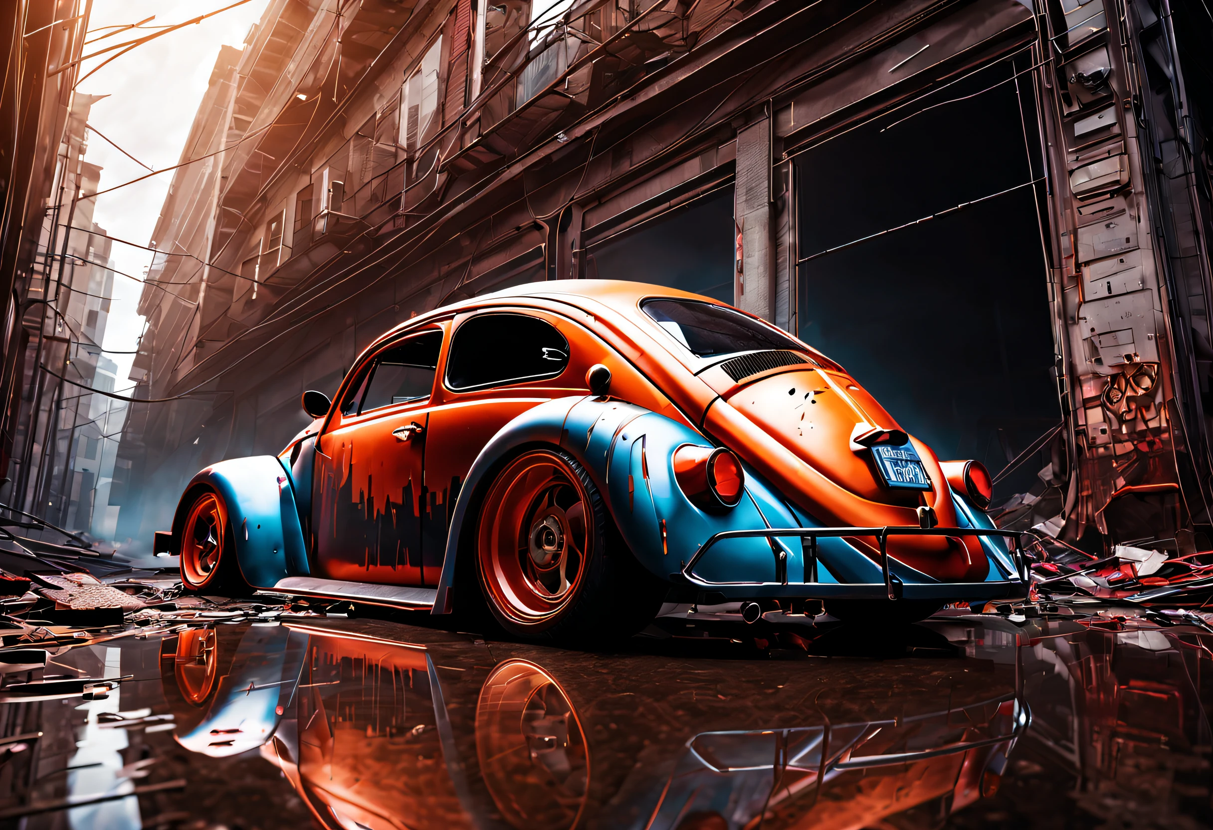 (best quality,4k,highres,masterpiece:1.2),muscle car new beetle,ruins,sci-fi,futuristic, cinematic lighting, chiaroscuro,ray tracing,highly detailed, high-quality, mirai, color contrast, atmospheric, dystopian, urban, vibrant colors, shattered glass, dramatic shadows, decaying buildings, futuristic technology, dynamic composition, motion blur, urban decay, dynamic perspective, immersive atmosphere, post-apocalyptic, abandoned, reflections, moody, intense, mystery, advanced design, sleek lines, powerful engine, speed, danger, adrenaline rush