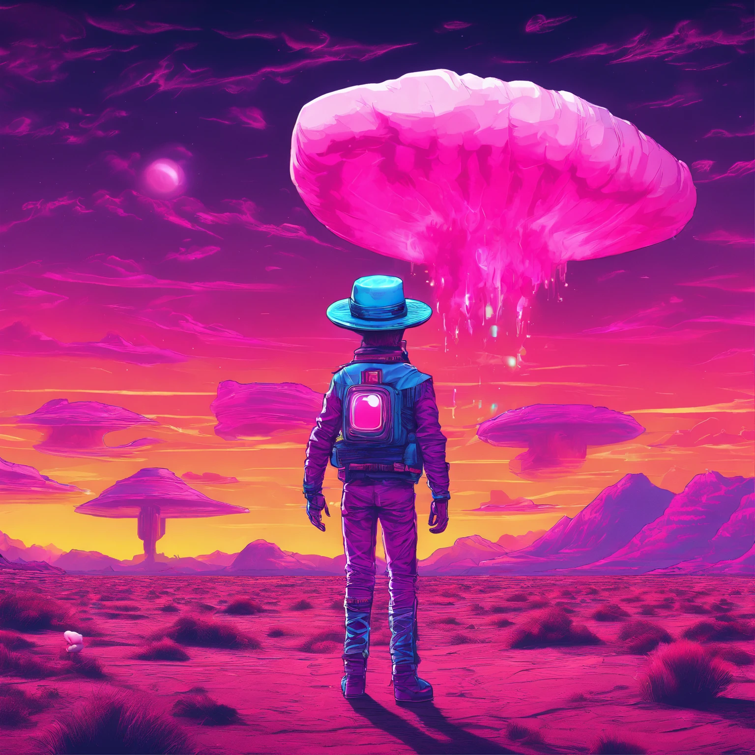 A pink cowboy alien standing in a desolate wasteland, with a weary expression on its face. In the distance, a giant ((((marshmallow)))) looms, emitting an eerie glow. The alien's cowboy hat is slightly askew, and its metallic body bears scars and scratches from past battles. The sky above is a deep purple, The scene is both whimsical and unsettling, with a touch of dark humor.