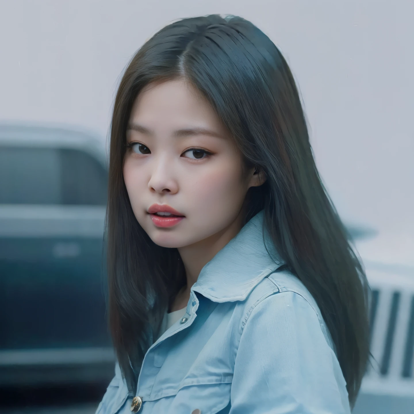 a close up of a woman with long hair wearing a denim jacket, blackpink jennie, jossi of blackpink, roseanne park of blackpink, jaeyeon nam, portrait of jossi of blackpink, gongbi, heonhwa choe, sun yunjoo, lee ji-eun, lee ji - eun, park ji-min, kim doyoung