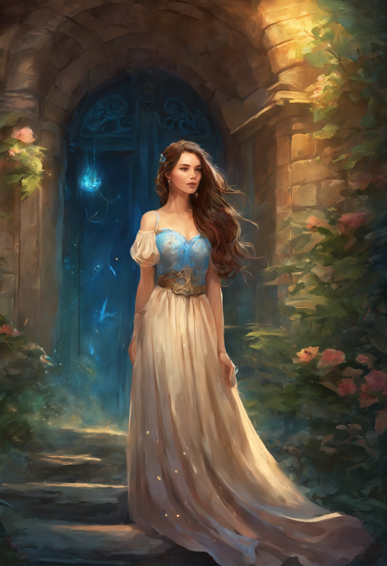 young female adult with long beautiful brown hair, she is wearing a nice blue summerdress when she finds a secret door in a small alleyway in the center of Berlin that leads into a new mystical world, where small blue lightnings radiates from her hands