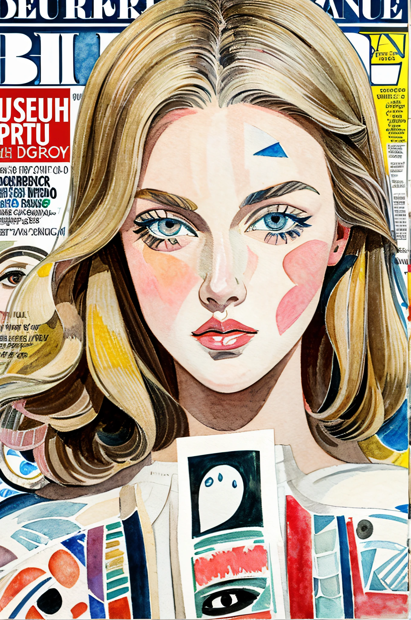 Sketched, watercolor paiting, Collage of Picasso and Robert Delaunay, cubism, Abstract, Cute daughter, big clear blue eyes, Little red cheeks, Blonde long-haired, Face-centric, Against the backdrop of newspapers and fashion magazines, Intricate Brushwork, high-level image quality, A breathtaking masterpiece