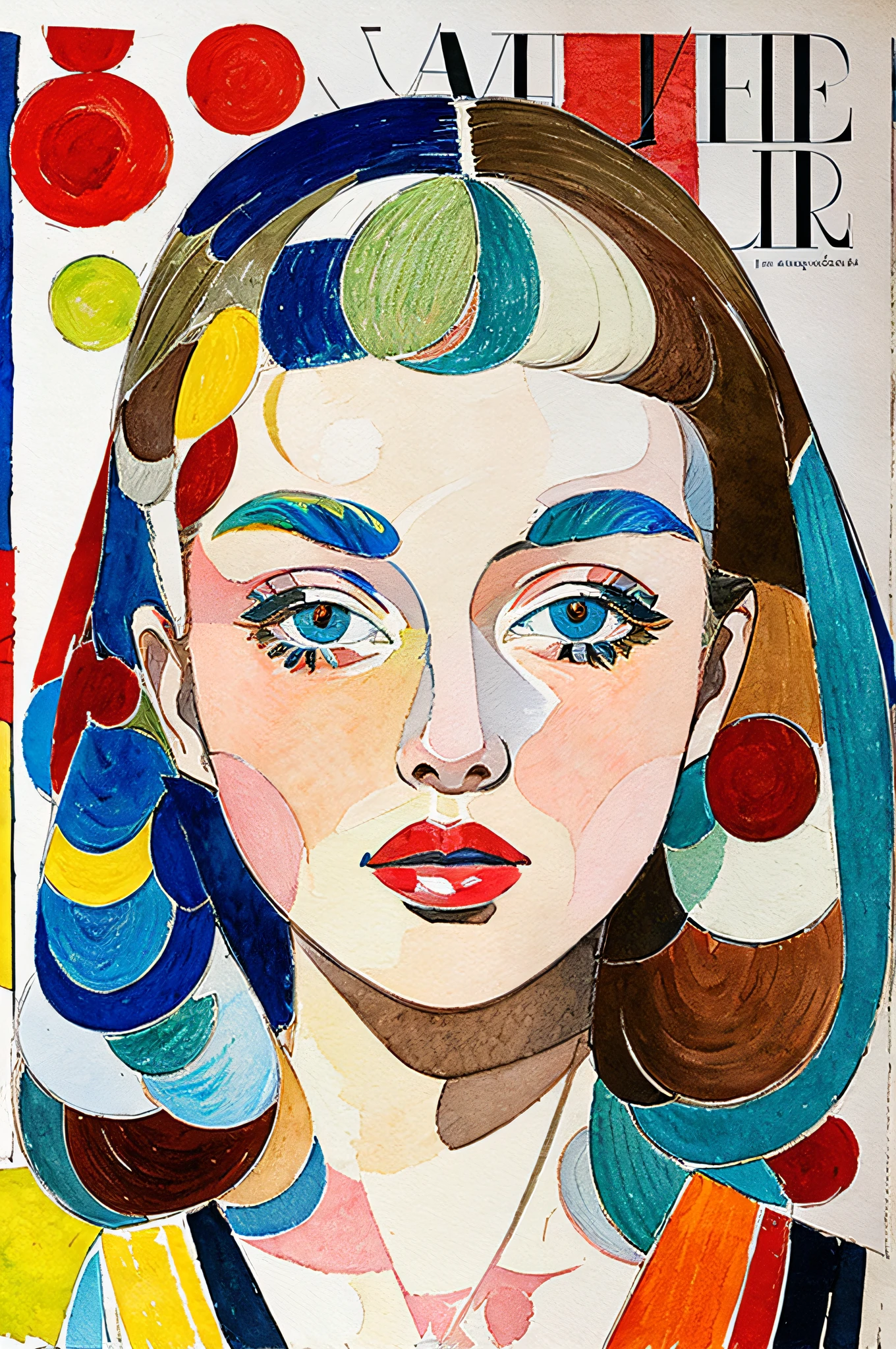 Sketched, watercolor paiting, Collage of Picasso and Robert Delaunay, cubism, Abstract, Cute daughter, big clear blue eyes, Little red cheeks, Blonde long-haired, Face-centric, Against the backdrop of newspapers and fashion magazines, Intricate Brushwork, high-level image quality, A breathtaking masterpiece