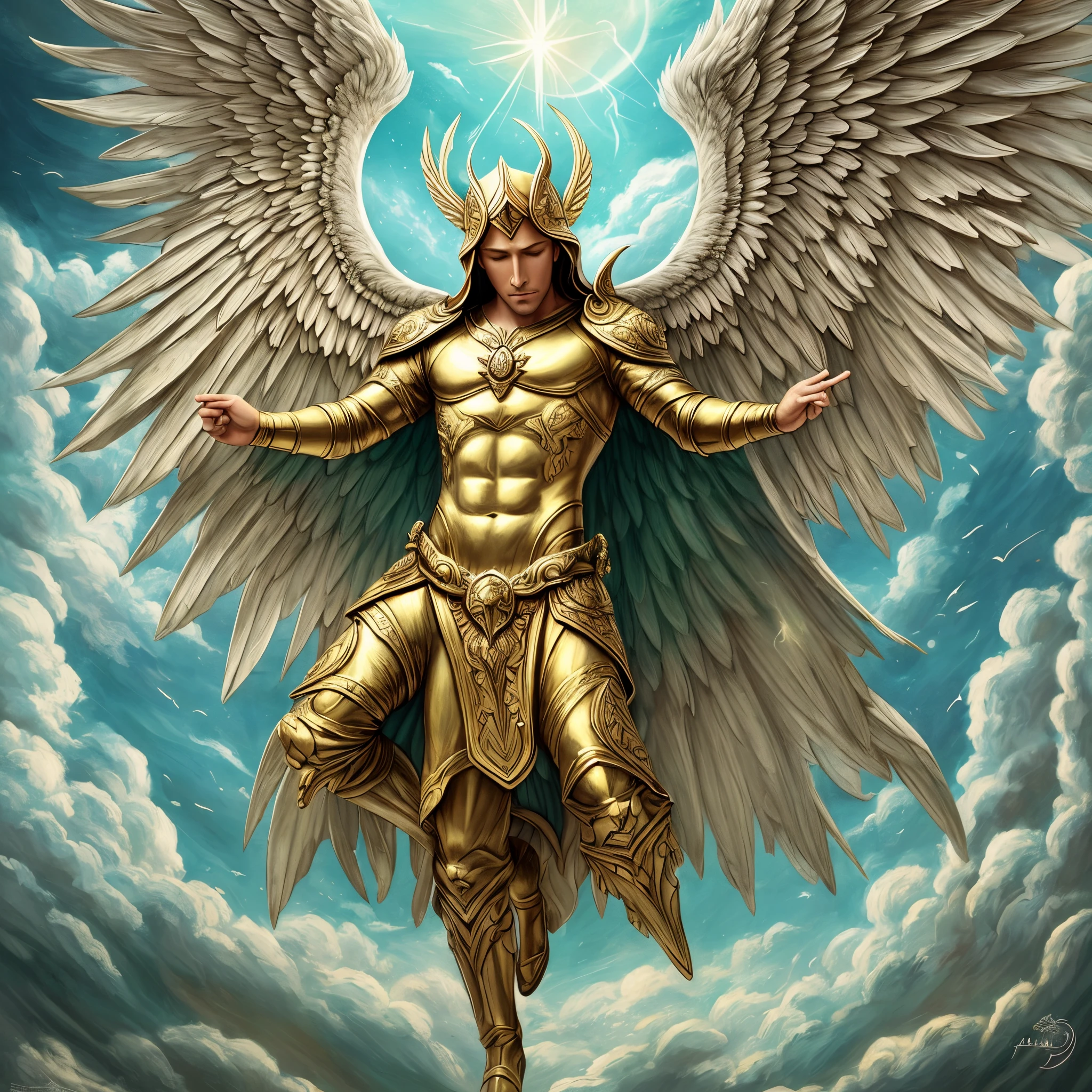 um personagem masculino, anjo olhos vermelhos e um sorriso debochado , imagem celestial, detalhes intricados, realista, asas PRETAS e grandes, fundo angelical, l, Male character of the Bible, Michael is wearing his dark armor , cosmic background, Illumination in the Archangel and in the background, imagem do corpo todo do anjo, Maximum detail and his diabolical face and wings, pele perfeita realista, Maximum image quality,fortes e chamativas. lucifie antes de ser demonio, tocando um instrumento, yes is musician