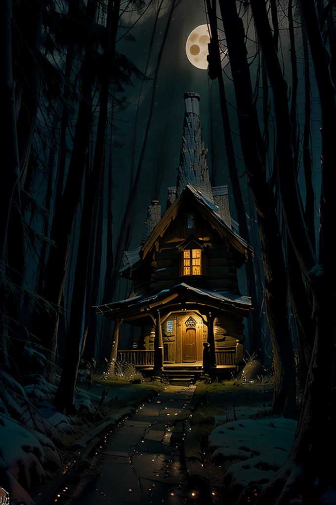Cabin run down made of willow bark and tree roots, under a full moon at night, in a creepy forest, fantasy