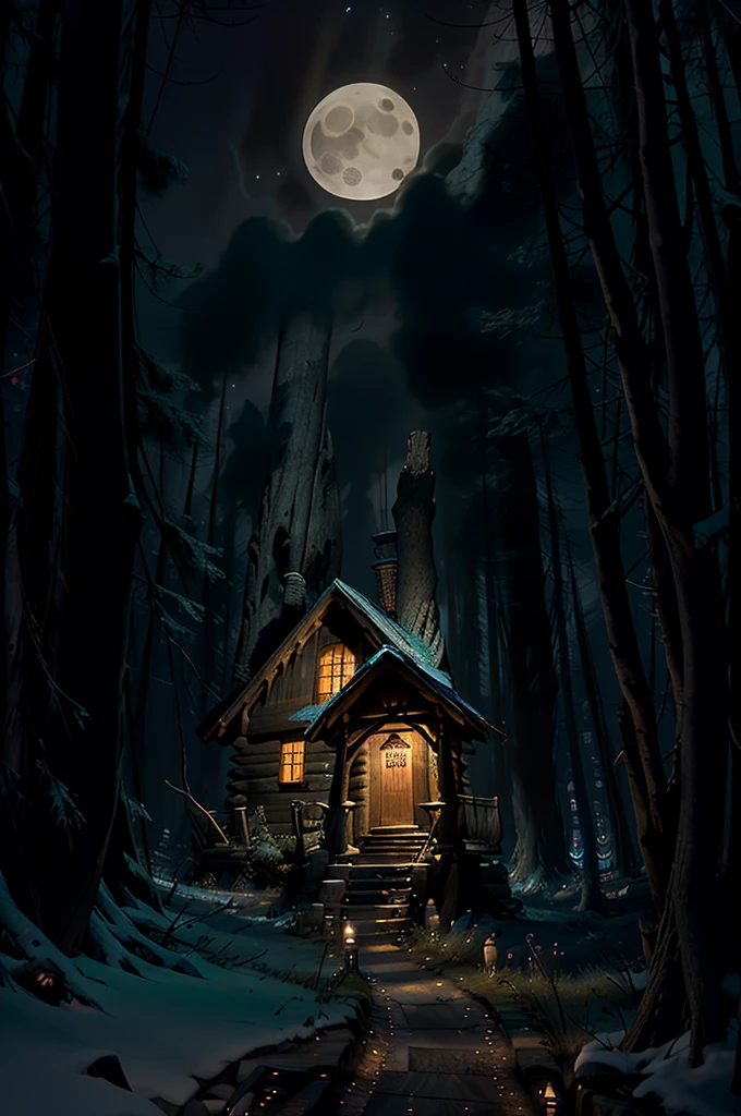 Cabin run down made of willow bark and tree roots, under a full moon at night, in a creepy forest, fantasy