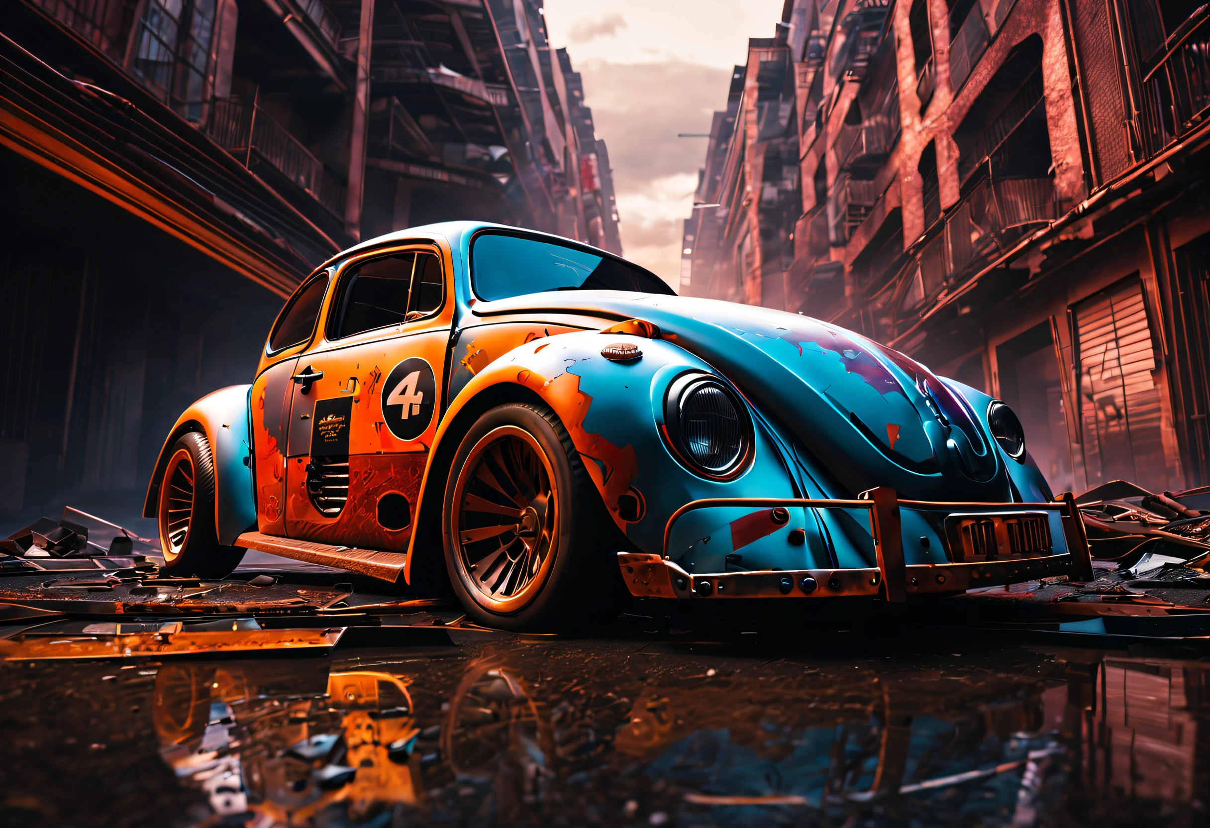 (best quality,4k,highres,masterpiece:1.2),race muscle car "new beetle",ruins,sci-fi,futuristic, cinematic lighting, chiaroscuro,ray tracing,highly detailed, high-quality, mirai, color contrast, atmospheric, dystopian, urban, vibrant colors, shattered glass, dramatic shadows, decaying buildings, futuristic technology, dynamic composition, motion blur, urban decay, dynamic perspective, immersive atmosphere, post-apocalyptic, abandoned, reflections, moody, intense, mystery, advanced design, sleek lines, powerful engine, speed, danger, adrenaline rush