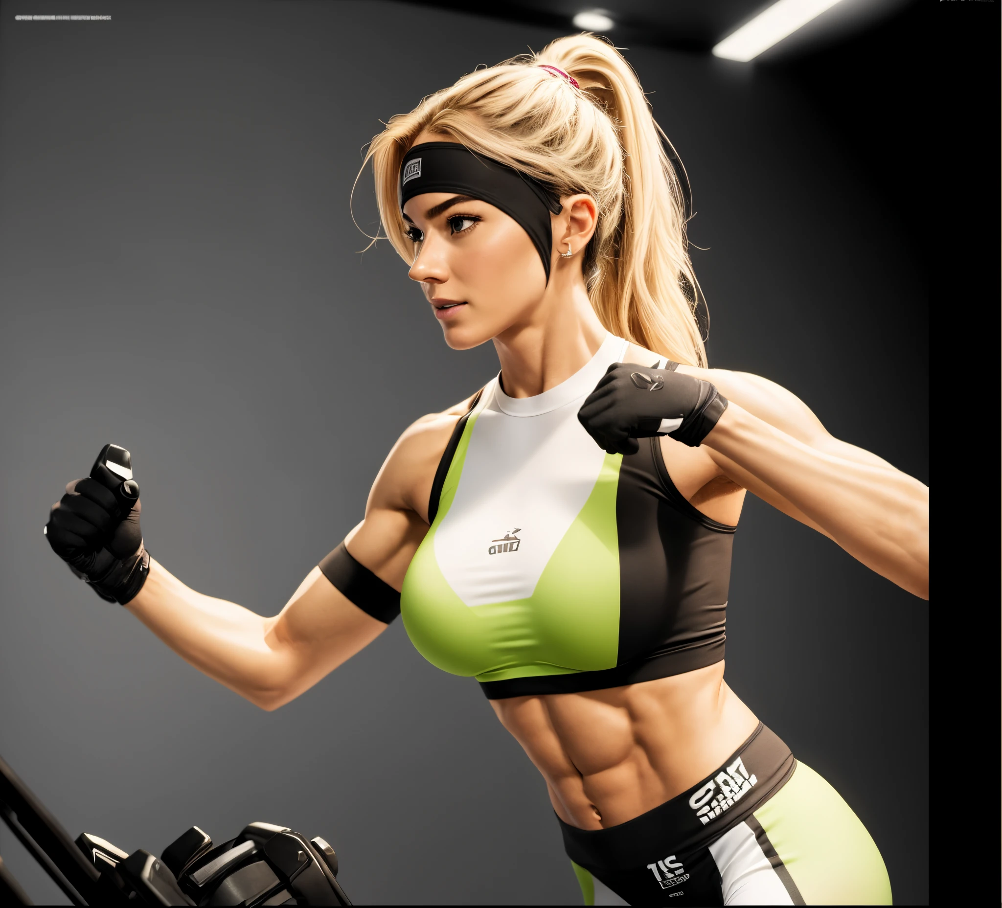 Gisele Bundchen in fighting figure and ready for fighting,  wears ultera  sheer mesh see through sport bra, erected nipples,, sexy belly button, black gloves, very beautiful and attractive blond woman, green leggings with black stripes on it. White boots, fitness body with sixpack, nice booty, she amazing ly looks like  Gisele Bundchen, fitness six-pack stomach,((slim, petite)), photorealistic, photo, masterpiece, realistic, realism, photorealism, high contrast, photorealistic digital art trending on Artstation 8k HD high definition detailed realistic, detailed, skin texture, hyper detailed, realistic skin texture, armature, best quality, ultra high res, (photorealistic:1.4),, high resolution, detailed, raw photo, sharp re, by lee jeffries nikon d850 film stock photograph 4 kodak portra 400 camera f1.6 lens rich colors hyper realistic lifelike texture dramatic lighting unrealengine trending on artstation cinestill 800,