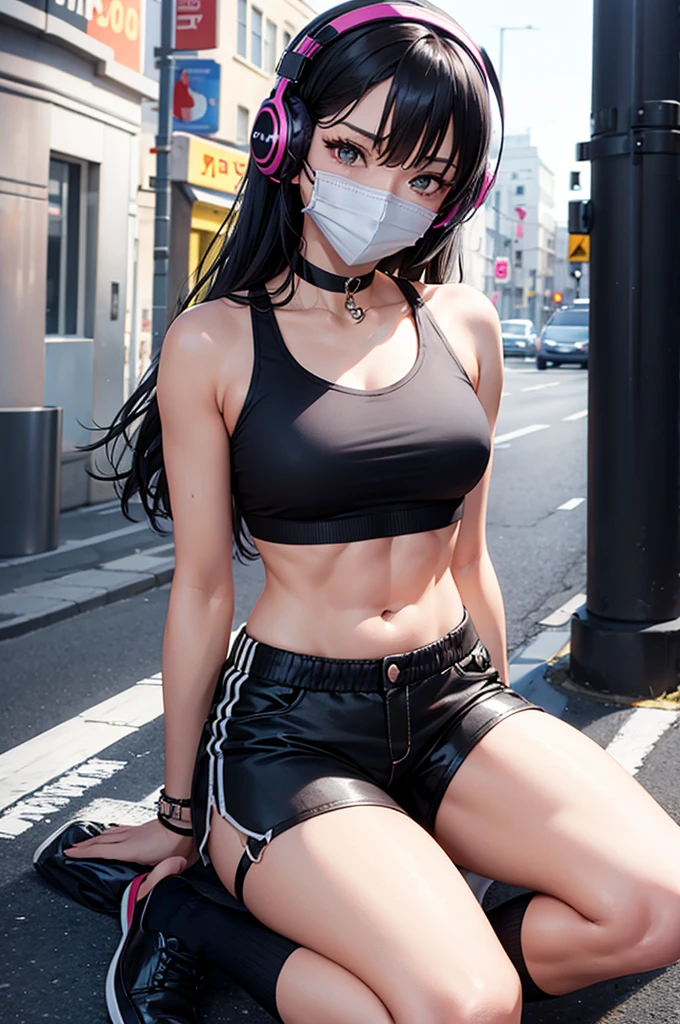 street style, choker, shorts, crop top, socks, face mask, headphones, cute, abs, sexy, Thigh straps, bored, (expressionless: 0.75)