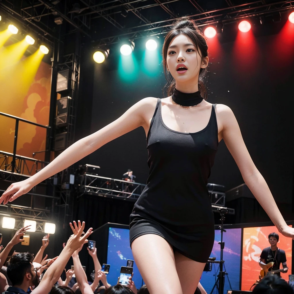 The highest quality shooting, collars, chains, dim room, abandoned houses, Crowds, entire venues, spectators, basements, Wet underwear, Lace underwear, Lace lingerie, stage, theater, Spreading legs , White underwear, laces, miniskirts, chains, spectators, Crowds, cages , stage, Stretching legs, long legs, Wet skin, Long hair, Low angle full body lens photo, Black Hair, shining beautiful skin, Sweat, collar and chain accessories, beautiful black pupil and hair, Detailed expression, Beautiful Eyes