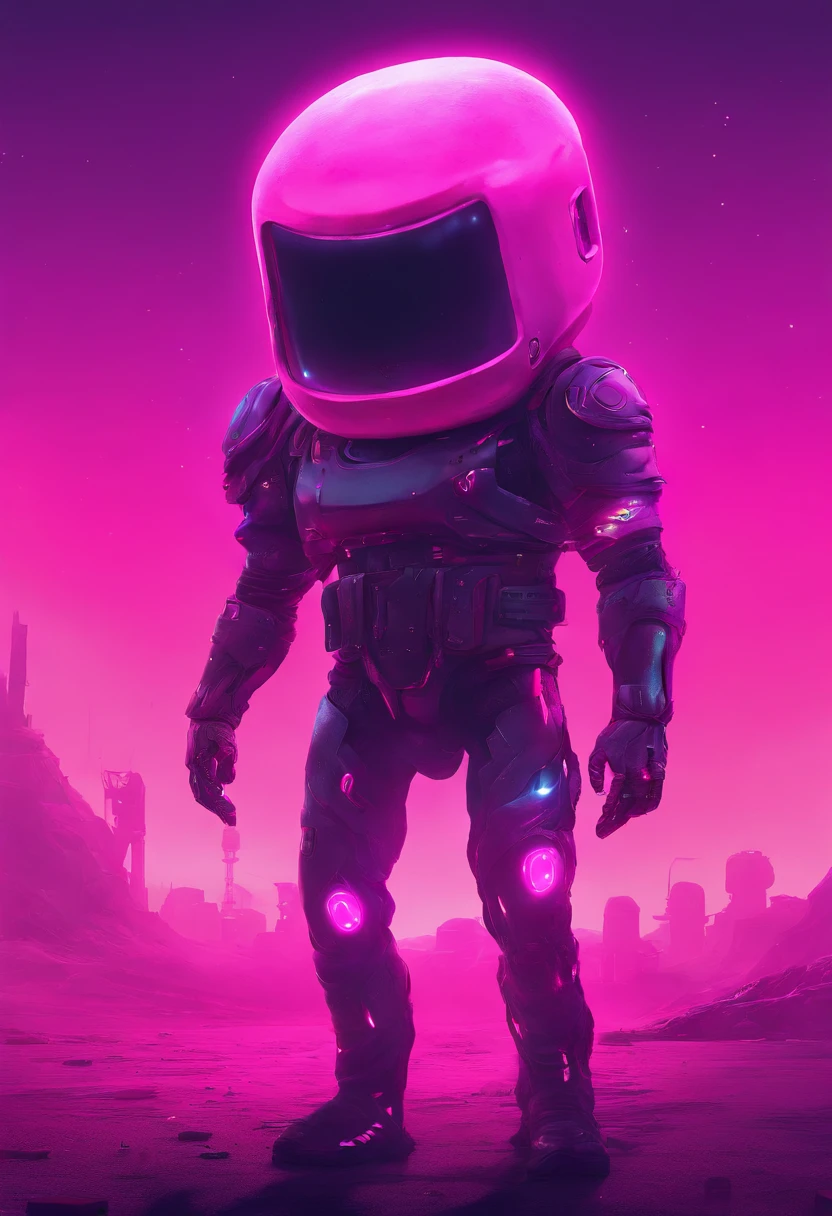 A pink cowboy alien standing in a desolate wasteland, with a weary expression on its face. In the distance, a giant ((((marshmallow)))) looms, emitting an eerie glow. The alien's cowboy hat is slightly askew, and its metallic body bears scars and scratches from past battles. The sky above is a deep purple, The scene is both whimsical and unsettling, with a touch of dark humor.
