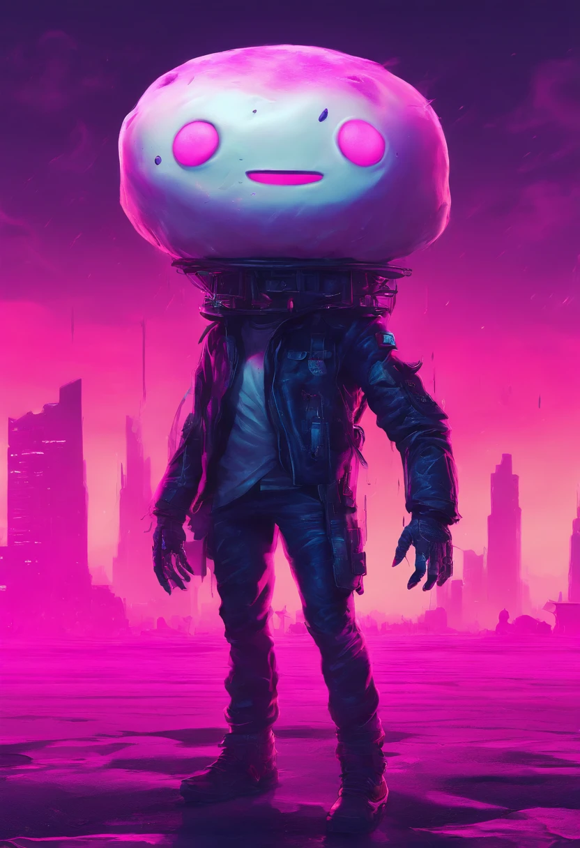 A pink cowboy alien standing in a desolate wasteland, with a weary expression on its face. In the distance, a giant ((((marshmallow)))) looms, emitting an eerie glow. The alien's cowboy hat is slightly askew, and its metallic body bears scars and scratches from past battles. The sky above is a deep purple, The scene is both whimsical and unsettling, with a touch of dark humor.