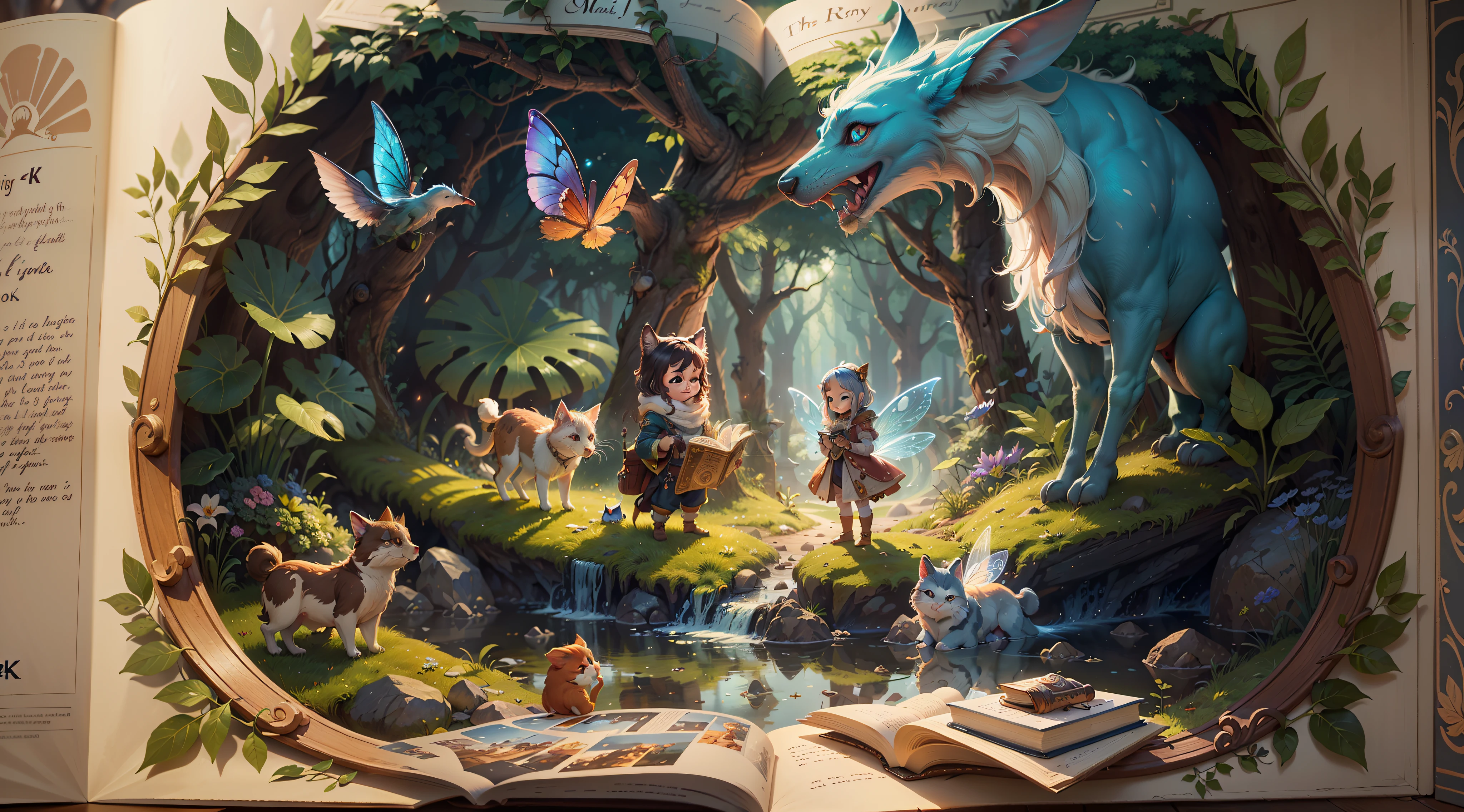 A fantastic fairytale picture book, estado aberto, Animals and magical light emerge from the book, (((4k, master part, alta qualidade, Detalhes altos)))