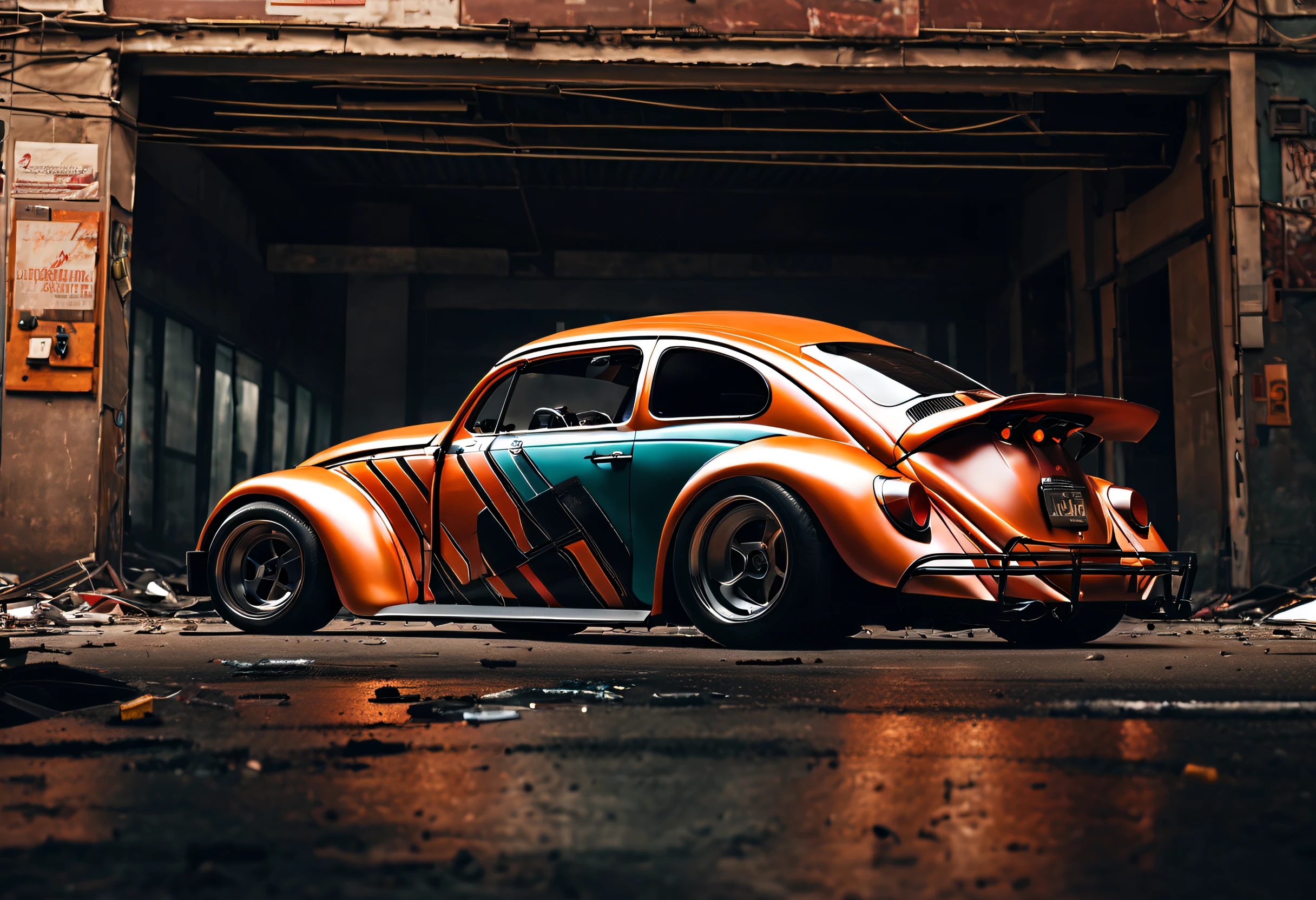 ((best quality,4k,highres,masterpiece:1.2)),race muscle car "new beetle",ruins,sci-fi,futuristic, cinematic lighting, chiaroscuro,ray tracing,highly detailed, high-quality, mirai, color contrast, atmospheric, dystopian, urban, vibrant colors, shattered glass, dramatic shadows, decaying buildings, futuristic technology, dynamic composition, motion blur, urban decay, dynamic perspective, immersive atmosphere, post-apocalyptic, abandoned, reflections, moody, intense, mystery, advanced design, sleek lines, (powerful engine, speed, danger, adrenaline rush)