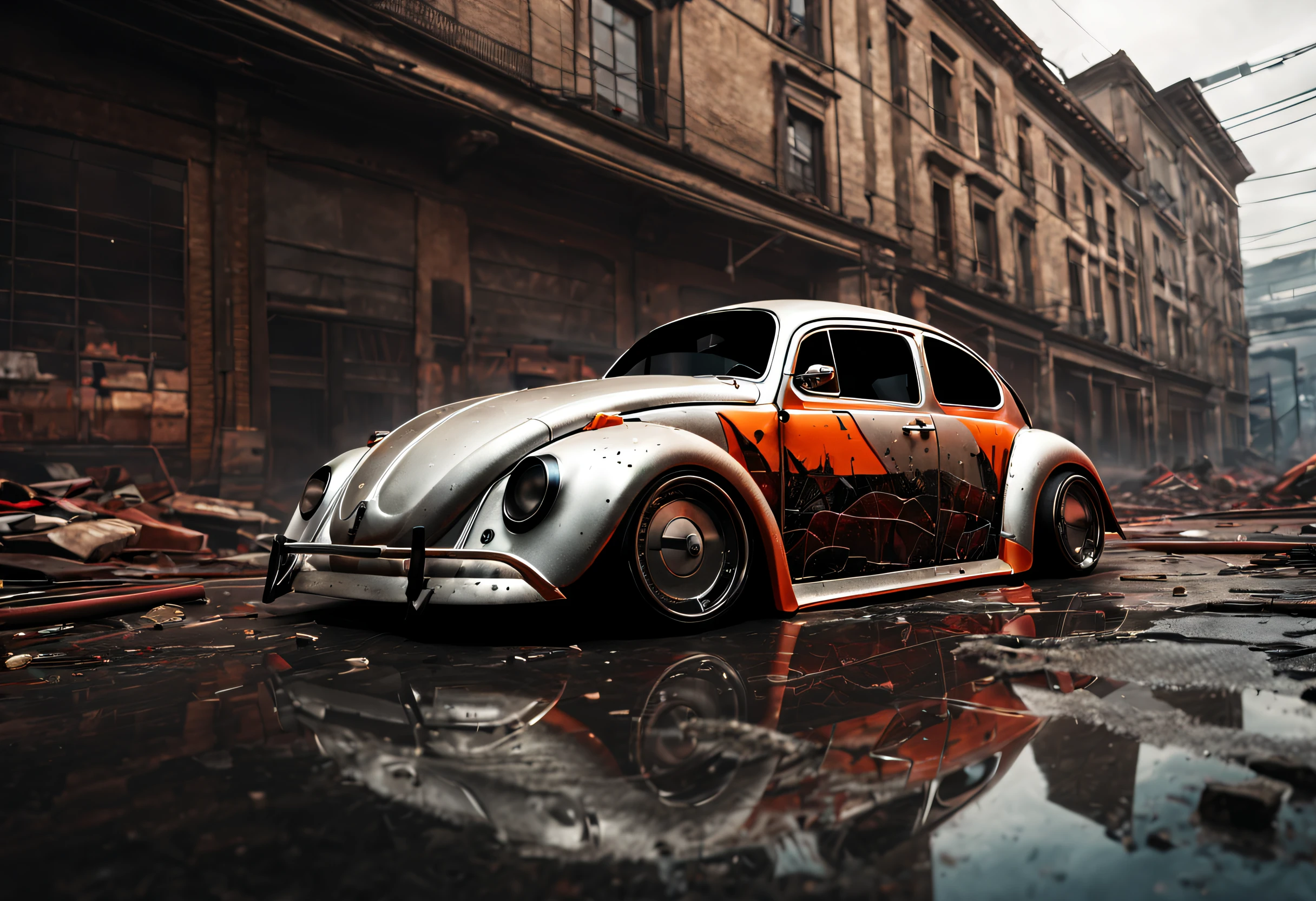 ((best quality,4k,highres,masterpiece:1.2)),race muscle car "new beetle",ruins,sci-fi,futuristic, cinematic lighting, chiaroscuro,ray tracing,highly detailed, high-quality, mirai, color contrast, atmospheric, dystopian, urban, vibrant colors, shattered glass, dramatic shadows, decaying buildings, futuristic technology, dynamic composition, motion blur, urban decay, dynamic perspective, immersive atmosphere, post-apocalyptic, abandoned, reflections, moody, intense, mystery, advanced design, sleek lines, (powerful engine, speed, danger, adrenaline rush)