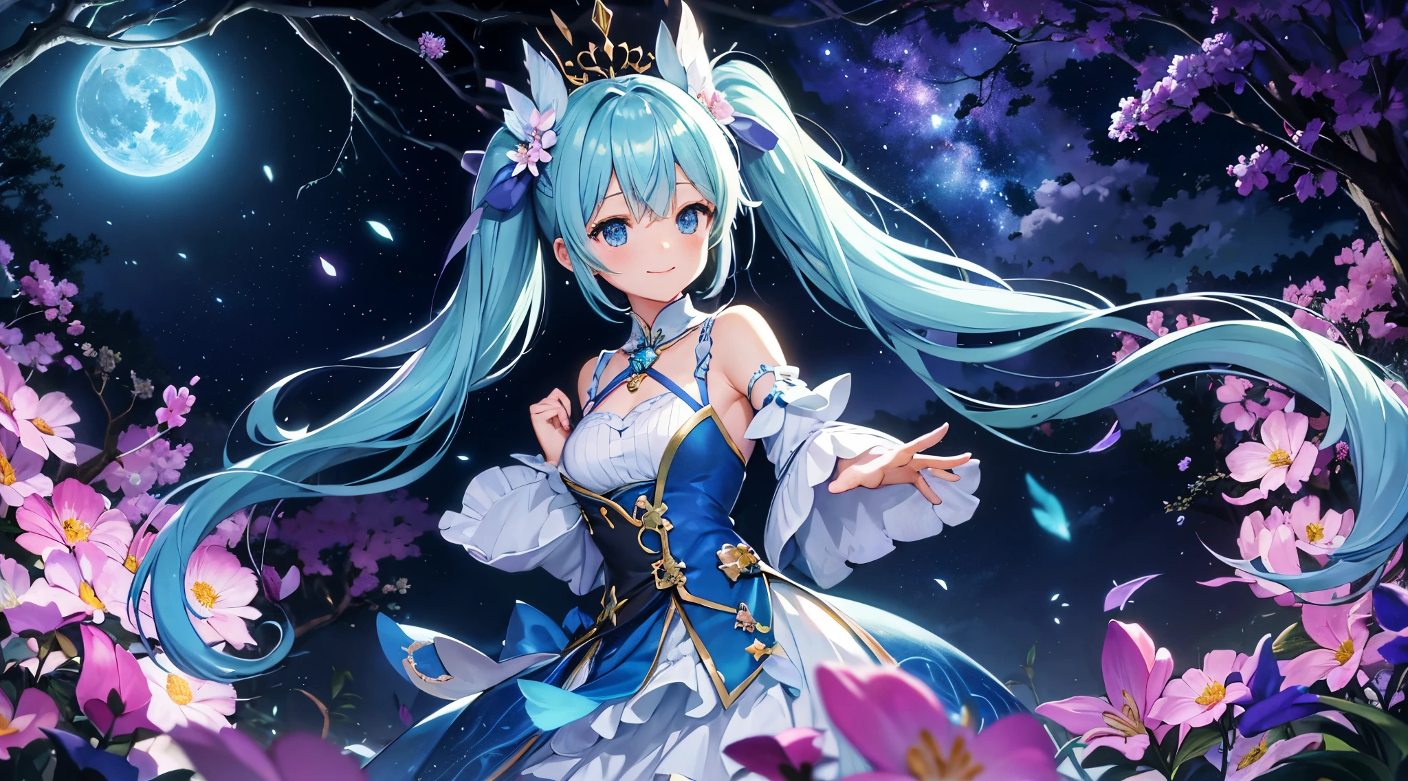 Dynamic Angle、 within a magical forest, a mystical fairy girl emerges, Light blue long hair、Hairstyle is Twintails、adorable smiling、Moonlight twinkle,  flower bloom、A big pure white owl is flying、、The tree々While flapping its wings in the sparkling fireflies, Many beautiful flowers are blooming、fantastic landscape、A sky full of stars twinkles、 Creating a field where dreams and reality intersect，