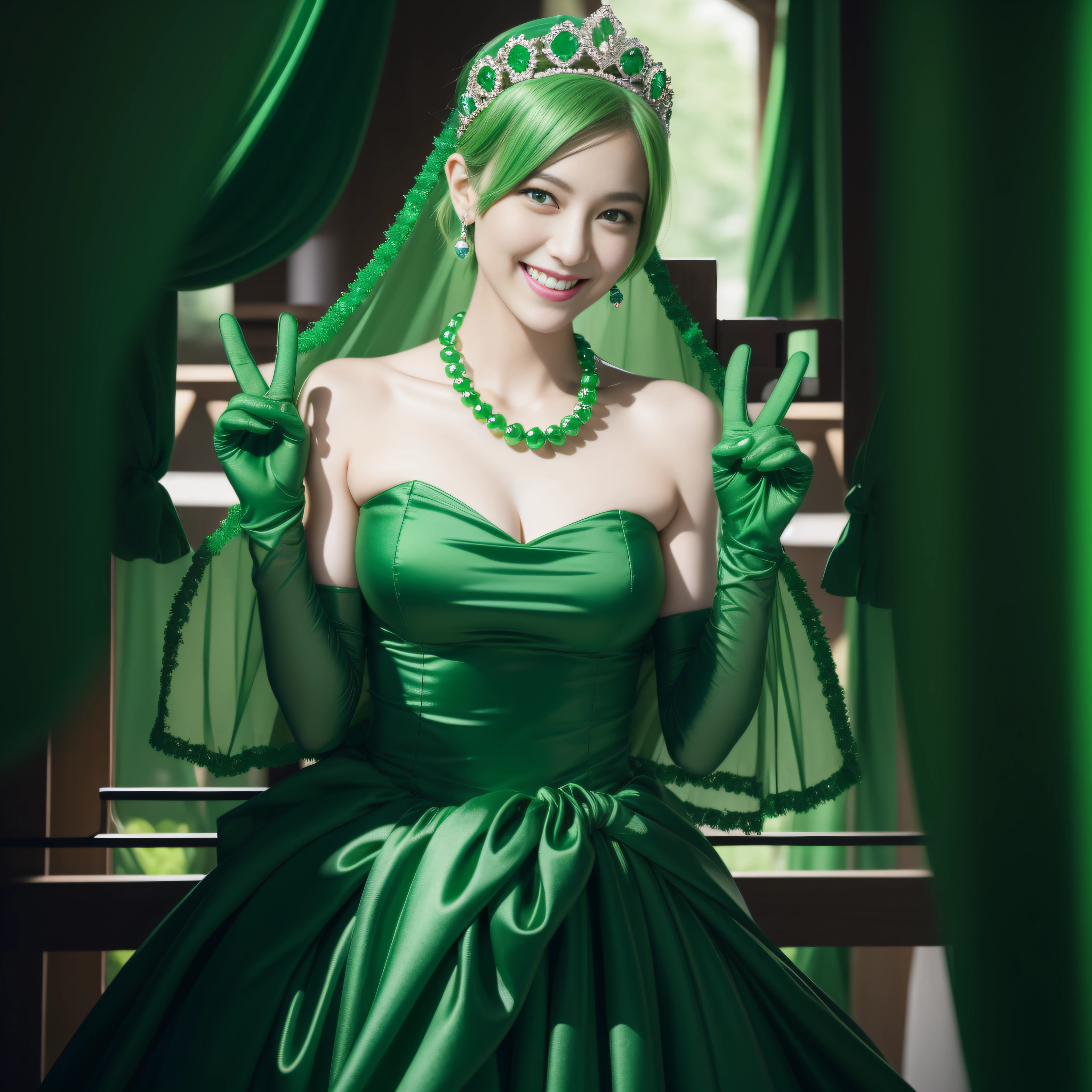 emerald tiara, Green Pearl Necklace, Boyish very short green hair, lipsticks, Japan woman smiling, very short short hair, big breasts beautiful, Green eyes, Long green gloves made of satin material, Green eyes, v sign,V-sign with both hands, Emerald Earrings, Green hair