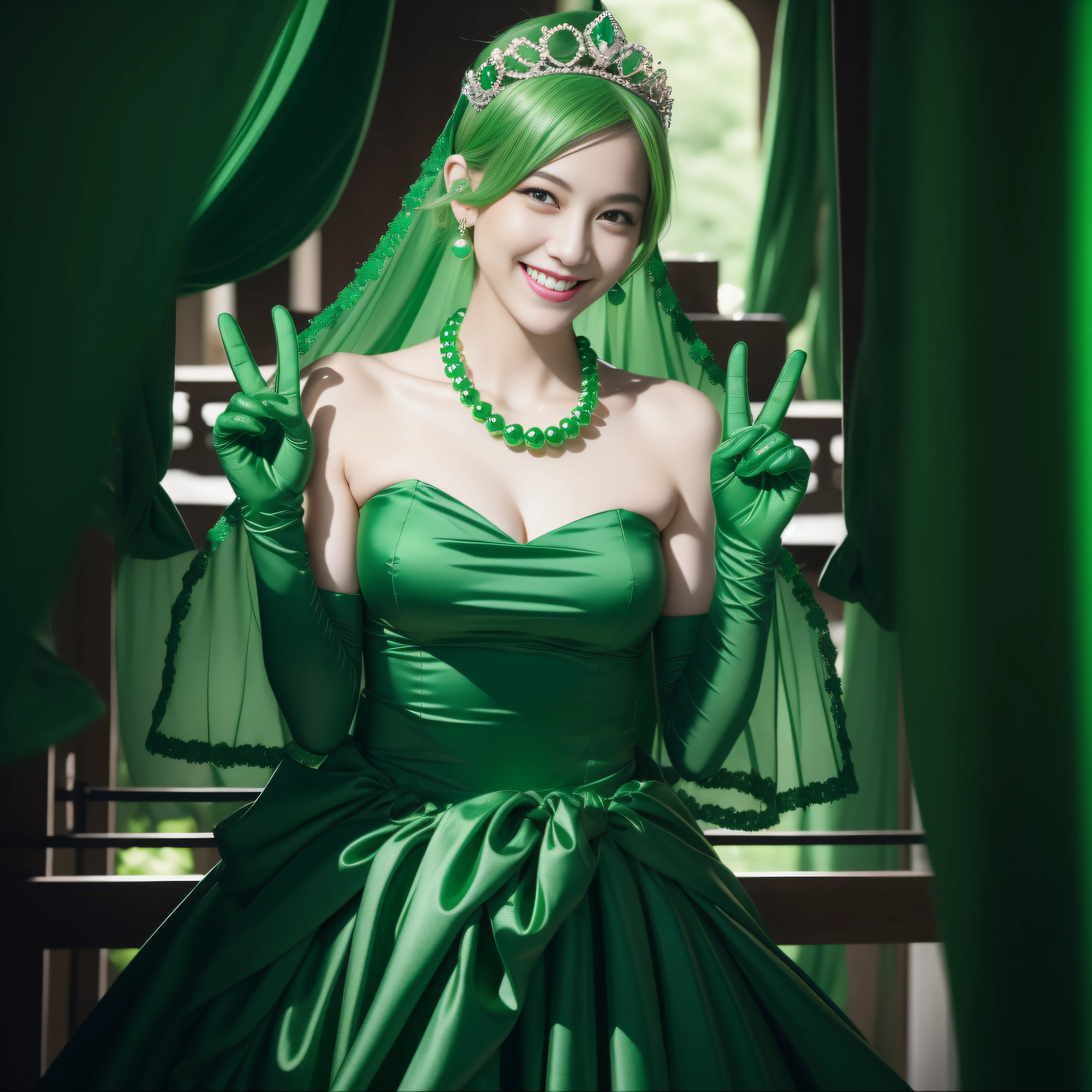 emerald tiara, Green Pearl Necklace, Boyish very short green hair, lipsticks, Japan woman smiling, very short short hair, big breasts beautiful, Green eyes, Long green gloves made of satin material, Green eyes, v sign,V-sign with both hands, Emerald Earrings, Green hair