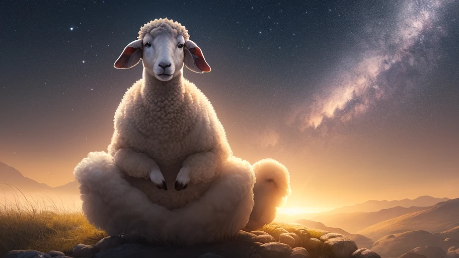 Create an illustration of a sheep meditating with light tones and a mystical air