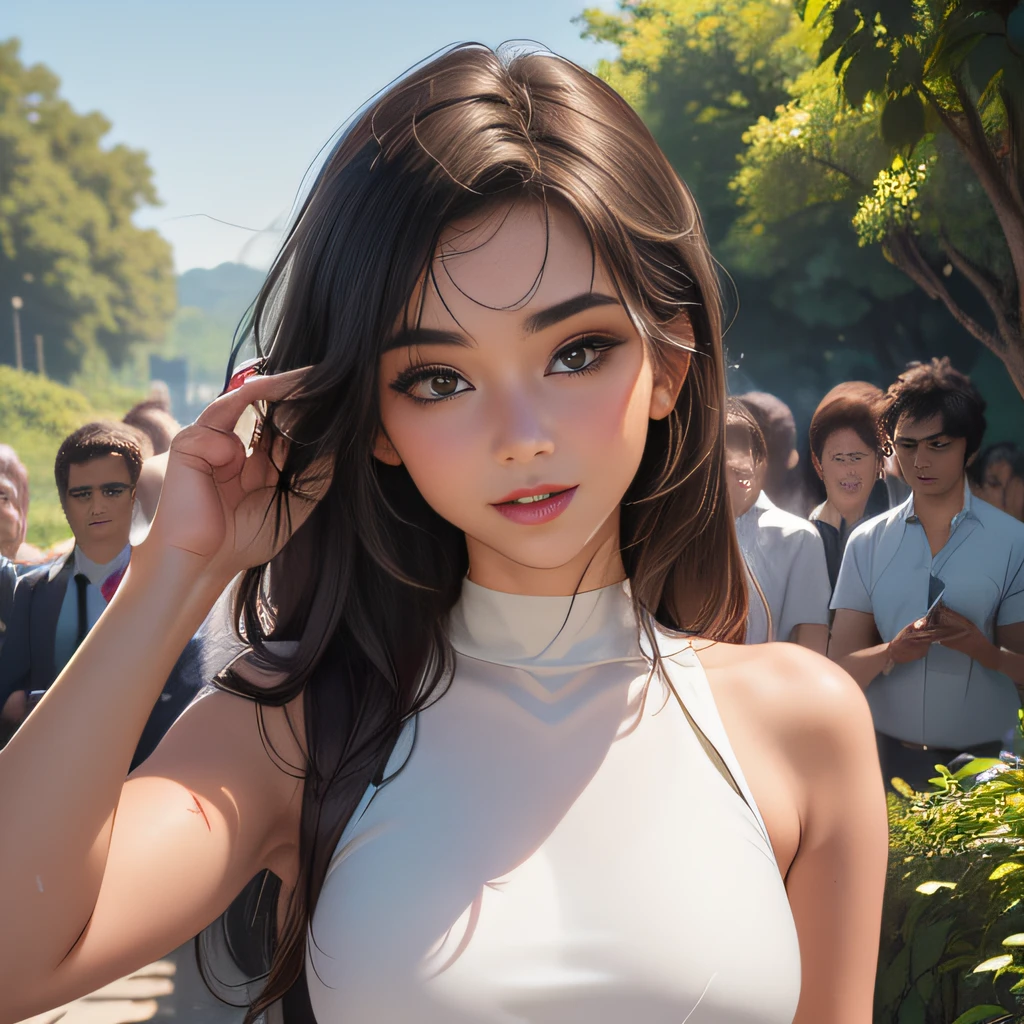(extremely detailed 8K wallpaper:2), (photo:2), (25 years old Xuan Beautiful girl:2), (gives a lecture to friends:2), Detailed (Face & Eyes), (hyper realistic:1), (Highly detailed:1), (Epic Realistic:1), rim light, (Maximum details:1), Cosy, (body complet:1.3), (looking a viewer:2), (Attractive qualities of a woman:2), (attractive female:2), (Attractive:2), Smile, intelligence, sympathy, Grace, A sense of style, Fitness, Care, optimism, (sensitivity:2), frankness, Romantic gestures, playfulness, Fashion Sense, (sensuality:2), charm, modesty, Thoughtfulness, (femininity:1), flirtatiousness, warmth, (Physical Attractiveness:2), beautiful smile, Love of Life, Strength and power, Vulnerability, curiosity, wonder, Love, (Nature's prehistory:2), Kawaii, waifu, beautiful breasts, (attractive body:2), (handsome body:2), BEAUTIFUL POSE, attractive pose, (nice feet:1.0), (beautiful clothing:1), (Classic clothes:2), (elegant clothing:2), (European Clothing:2), detailed clothes, (upskirt:1), (blouse:1), (provocative pose)