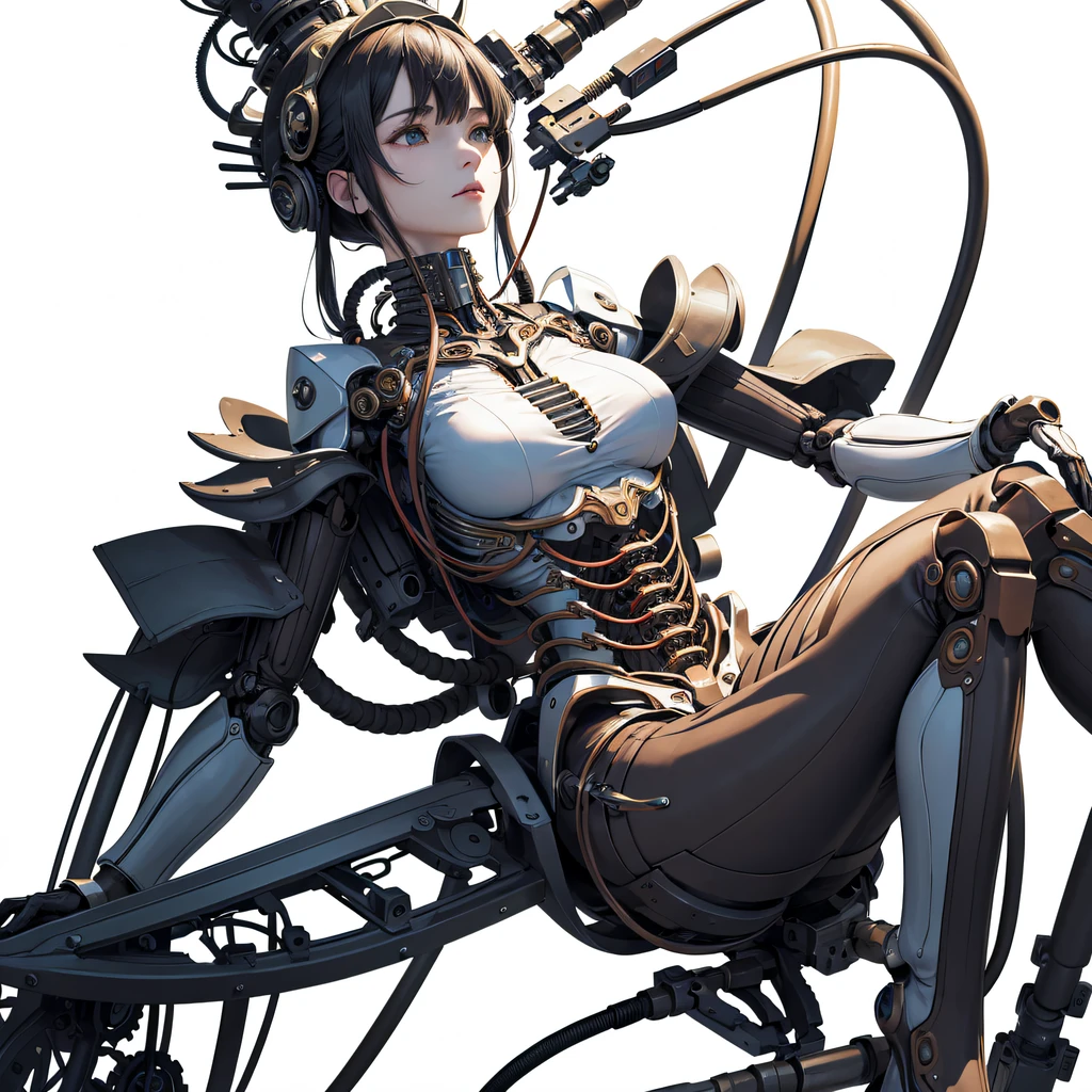 ((:1.1)), (tmasterpiece, top-quality, Best quality at best, offcial art, Beautiful and beautiful:1.2), (1个Giant Breast Girl:1.3), extremely detaile,Colorful,The most detailed ((ultra - detailed)), (Highly detailed CG illustration), ((Extremely Delicately Beautiful)),电影灯光,((1 mechanical girl)),Alone,full bodyesbian,(Machine made joints:1.2),(Mechanical limb),(The blood vessels are connected to the tube),(Mechanical vertebrae attach to the back),((The mechanical cervical vertebrae are attached to the neck)),(sitted),face expressionless,(wires and cables attaching to neck:1.2),(wires and cables on head:1.2),(Character focus),scientific fiction,white backgrounid