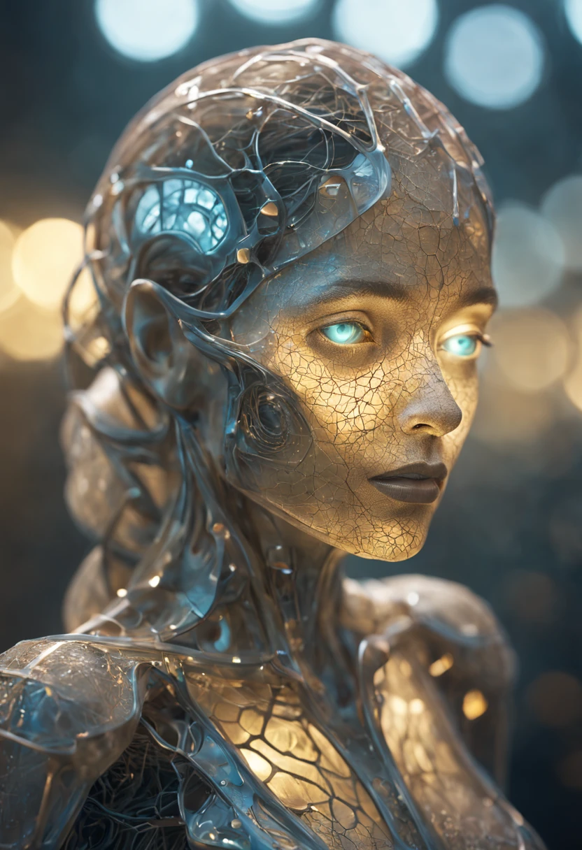 mesmerizing realistic photo of a (cybernetic female figure made entirely of otherworldly luminescent and translucent materials:1.05) (trying to pull on the artificial skin over cybernetic implants:1.2), see-through body, veins and bones visible through translucent tissues and transparent skin, intricate tissue details, detailed vegetables, early morning natural soft light, translucent bio-luminescent materials, ultra-realistic, (Voronoi pattern, depth of field, (swirly bokeh:1.275), (Kodak Portra 400:0.875) :1.15), (realistic complex futuristic background, lots of futuristic cooking devices:1.1), shiny glass, (rim lighting, low key light:1.15), celestial, ethereal, epic, magical light flares, natural soft dreamy lighting, ((warm-yellow and deep-carbon:0.7), (cinematic look:1.15):1.15)
