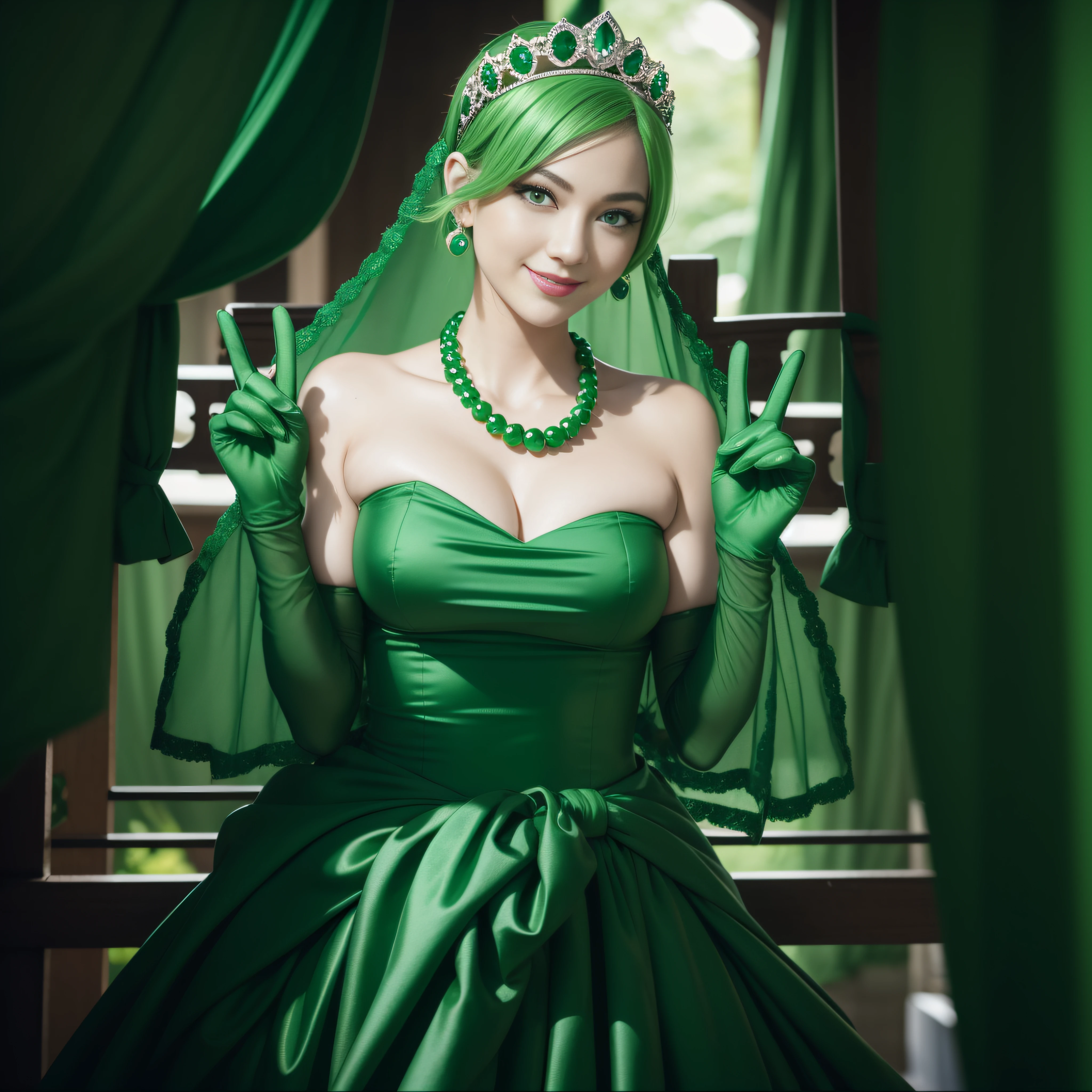 emerald tiara, Green Pearl Necklace, Boyish very short green hair, lipsticks, Japan woman smiling, very short short hair, big breasts beautiful, Green eyes, Long green gloves made of satin material, Green eyes, v sign,V-sign with both hands, Emerald Earrings, Green hair