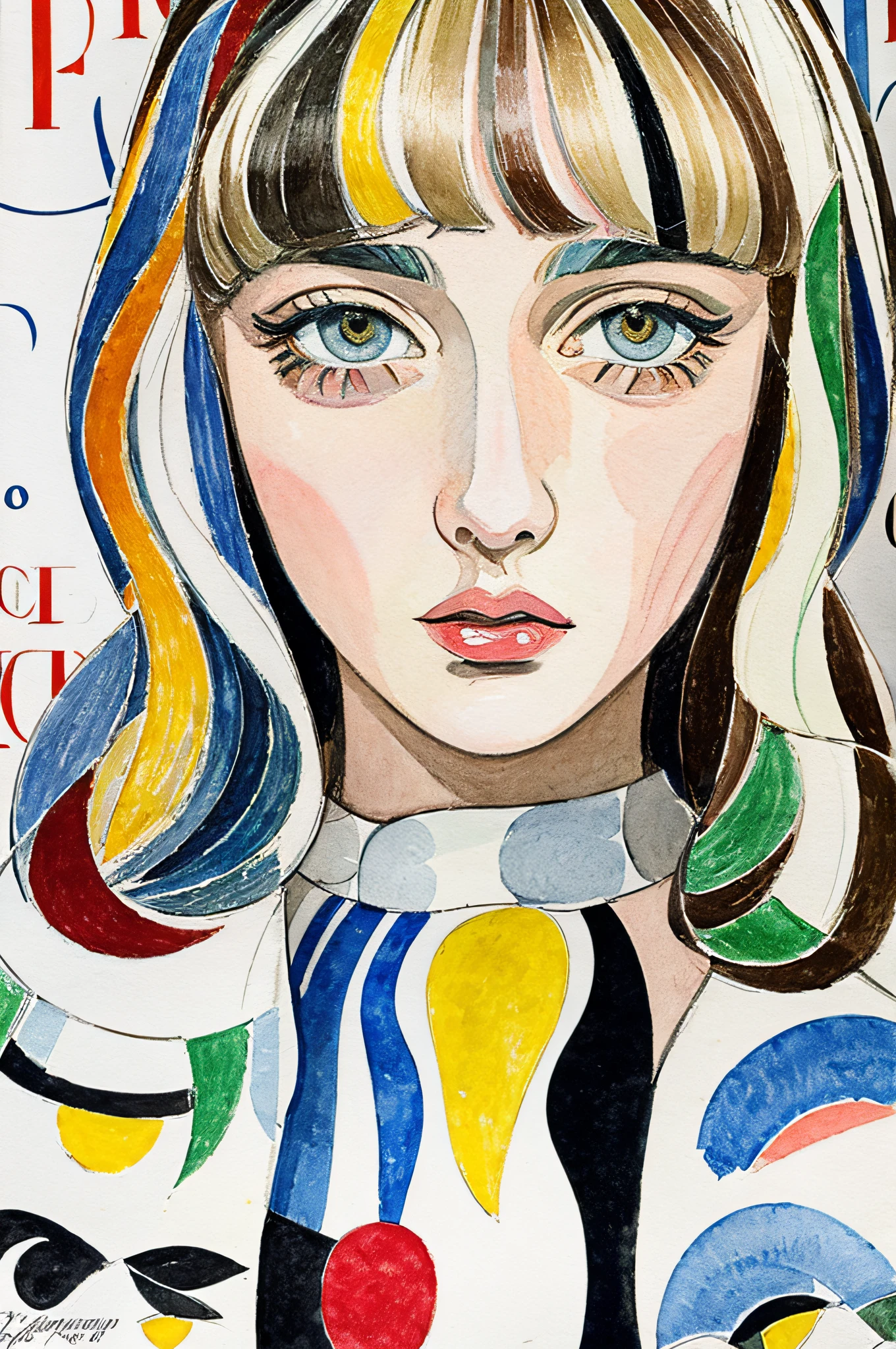 Sketched, watercolor paiting, Collage of Picasso and Robert Delaunay, cubism, Abstract, Cute daughter, big clear blue eyes, Little red cheeks, Blonde long-haired, Face-centric, Against the backdrop of newspapers and fashion magazines, Intricate Brushwork, high-level image quality, A breathtaking masterpiece