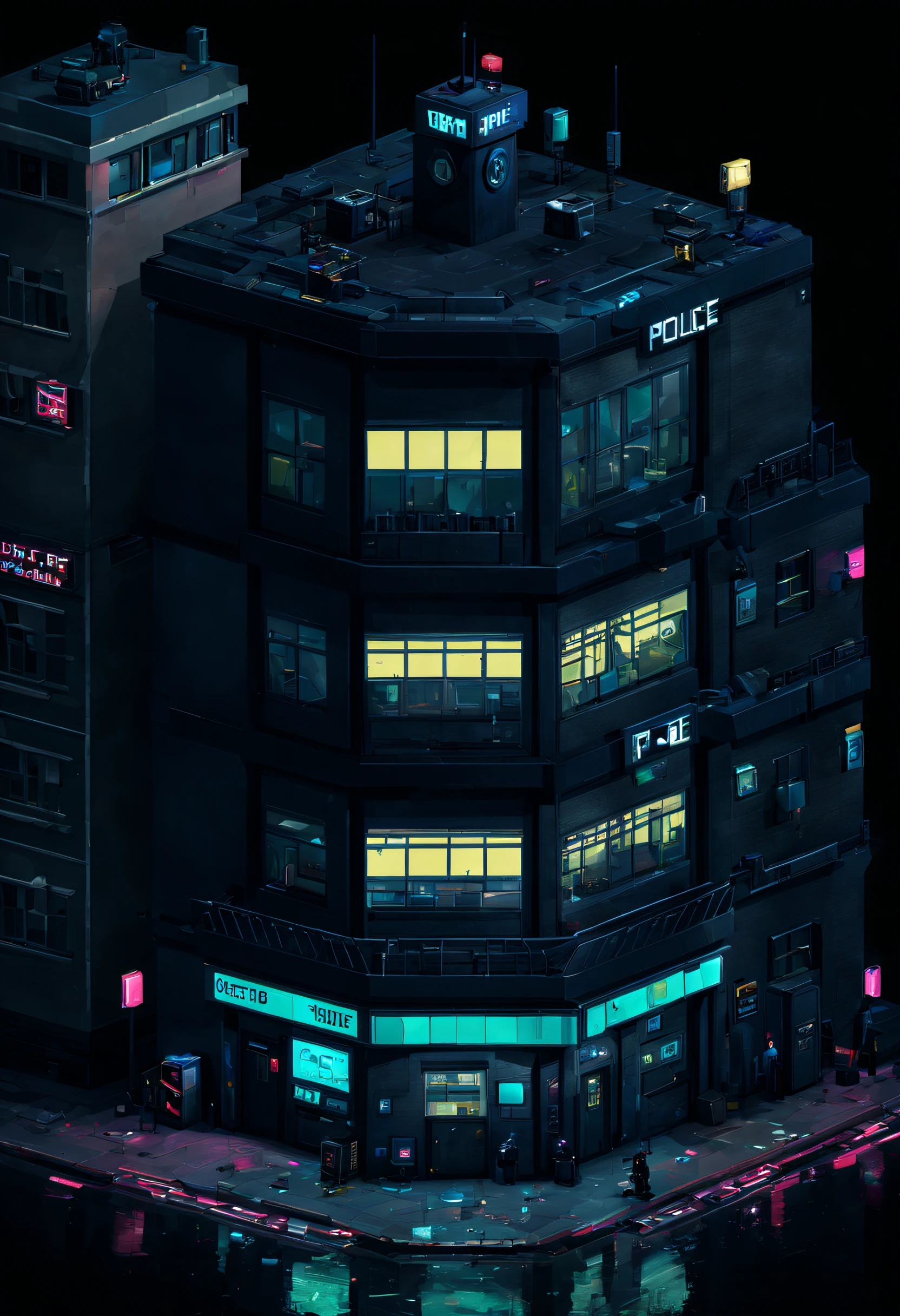 a police station in cyberpunk pixel city