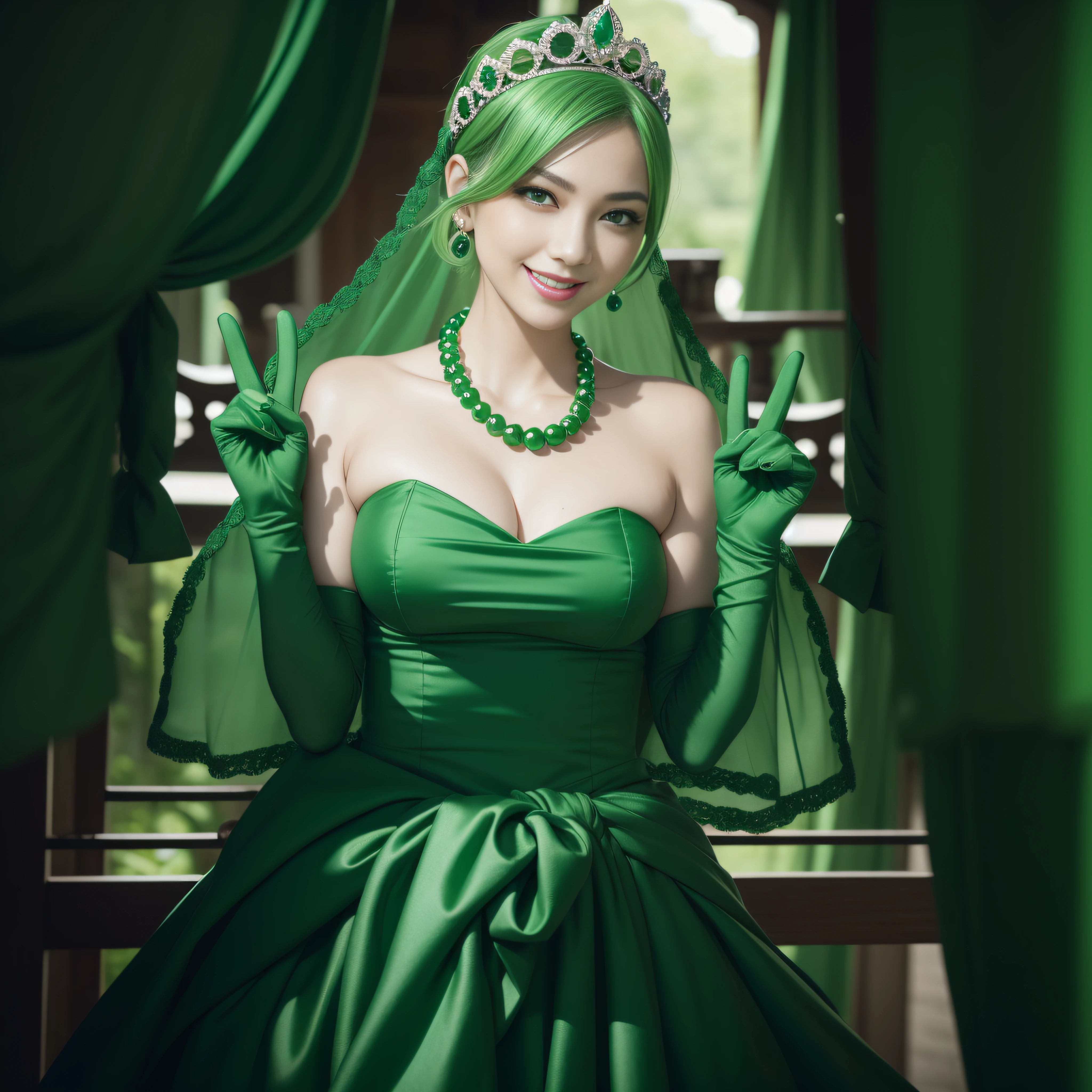 emerald tiara, Green Pearl Necklace, Boyish very short green hair, lipsticks, Japan woman smiling, very short short hair, big breasts beautiful, Green eyes, Long green gloves made of satin material, Green eyes, v sign,V-sign with both hands, Emerald Earrings, Green hair