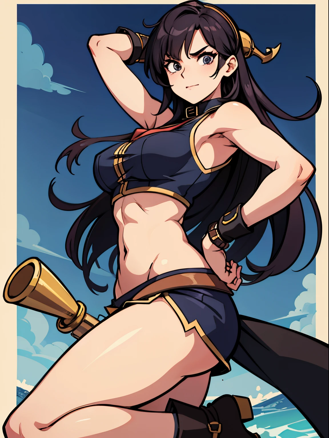 Female Pirate、One leg is raised high、A dark-haired、Sexy cartoons、、Bande Dessinée Style