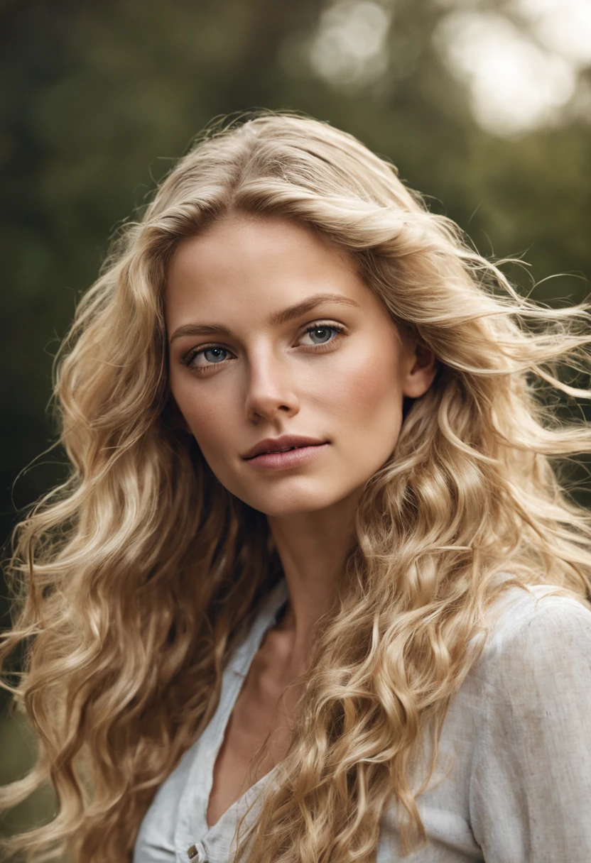 3/4 face portrait photo of a beautiful 25 years old caucasian woman, (extra long wavy blonde hair blown in the wind), outside, Award - winning photograph, Masterpiece, 8k, ultra high res, hyper detailed, perfect flawless face, rule of thirds, Realistic Perfect eyes and pupils, Perfect full lips, upturned nose, highly detailed shining hair, ((detailed facial features)), (finely detailed skin), tanned skin, skin pores, skin blemishes, realistic skin texture, intricate details, photorealism, hyperrealism, ultra realistic, lifelike textures, neutral colors, studio lighting, cinematic lighting, soft volumetric light on face, backlight on hair, sharp focus, wide angle, film grain, dslr, raw photo,