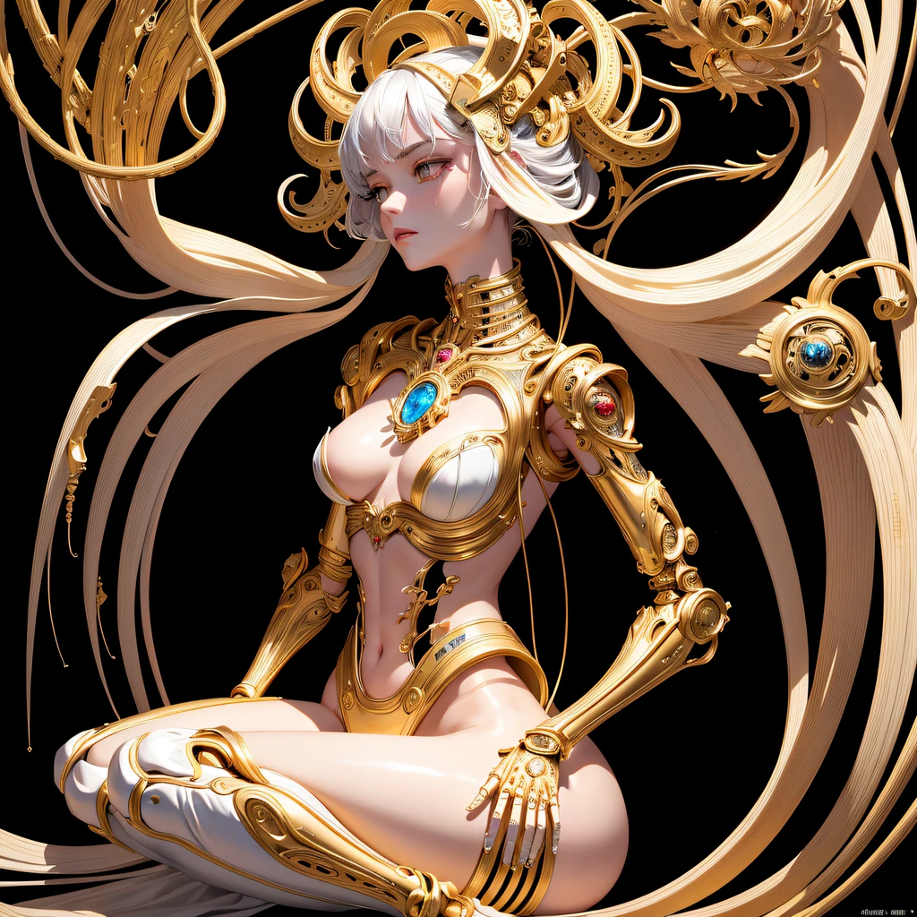 ((:1.1)), (tmasterpiece, top-quality, Best quality at best, offcial art, Beautiful and beautiful:1.2), (1个Giant Breast Girl:1.3), extremely detaile,Colorful,The most detailed ((ultra - detailed)), (Highly detailed CG illustration), ((Extremely Delicately Beautiful)),电影灯光,((1 mechanical girl)),Alone,full bodyesbian,(Machine made joints:1.2),(Mechanical limb),(The blood vessels are connected to the tube),(Mechanical vertebrae attach to the back),((The mechanical cervical vertebrae are attached to the neck)),(sitted),face expressionless,(wires and cables attaching to neck:1.2),(wires and cables on head:1.2),(Character focus),scientific fiction,white backgrounid