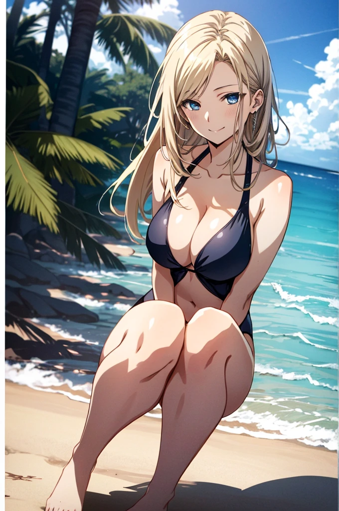 pale tones, photo realistic, beautiful attractive anime girl, super detailed, smile, beautiful blue eyes, beautiful style, gentle expression, (seductive anime girl), full body, beautiful skin, sexy swimsuit, resort beach, (rear appearance: 0.0), background without buildings,