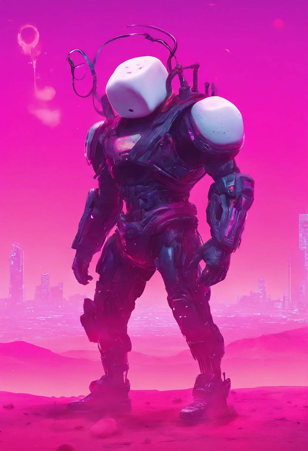 A pink cowboy alien standing in a desolate wasteland, with a weary expression on its face. In the distance, a giant ((((marshmallow)))) looms, emitting an eerie glow. The alien's cowboy hat is slightly askew, and its metallic body bears scars and scratches from past battles. The sky above is a deep purple, The scene is both whimsical and unsettling, with a touch of dark humor.