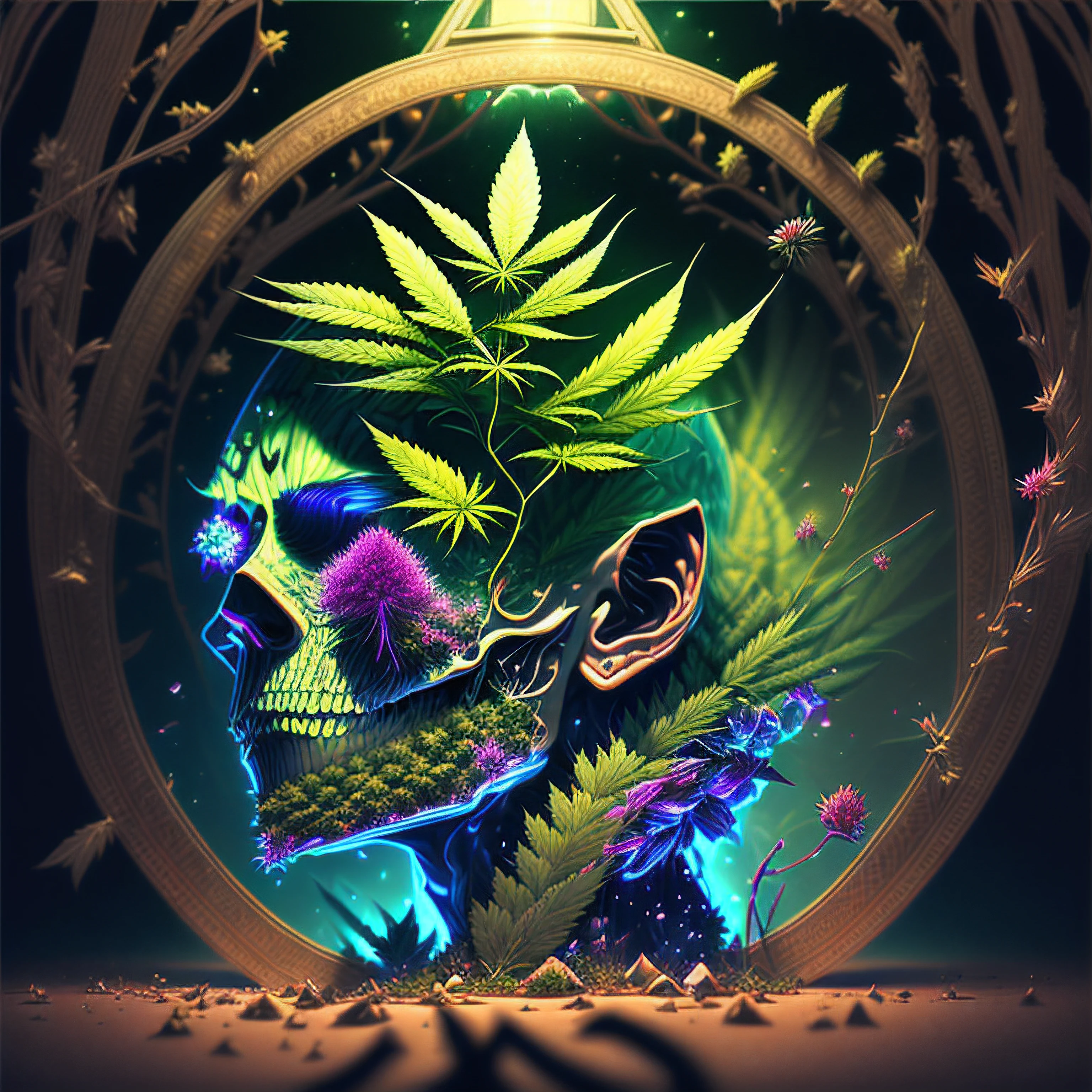 stain glass、Logo Web Design Cannabis、intergalactic、It should be a happy atmosphere、Marijuana – Color Art 4K,Magical water pipebons and rolling papers surrounded by cannabis buds in a smoking environment are placed around、The Marijuana vines crept across their skin, tendrils worming into pores, twining around limbs. At first it was a tickle, a tease, marijuana leaves fluttering over flesh. But then the vines thickened, tightened, thorns digging in, not to draw blood but to anchor. They felt the marijuana pulse inside them giving them pure euphoria, cannabinoids polluting in their veins, marijuana crystals and resin start creeping into their bones. They watched looking at them selves as they sat in a room of mirrors what showed the image on every surface, immobilized with euphoria, as THC AND CBD seeped through their skin, etching rainbow like shadows. The last remains of their humanity withered as the marijuana wrapped them in marijuana flower and marijuana crystals, reducing them to pure euphoria. Soon there was no visible trace of the man, only a human-shaped mass of marijuana standing there.