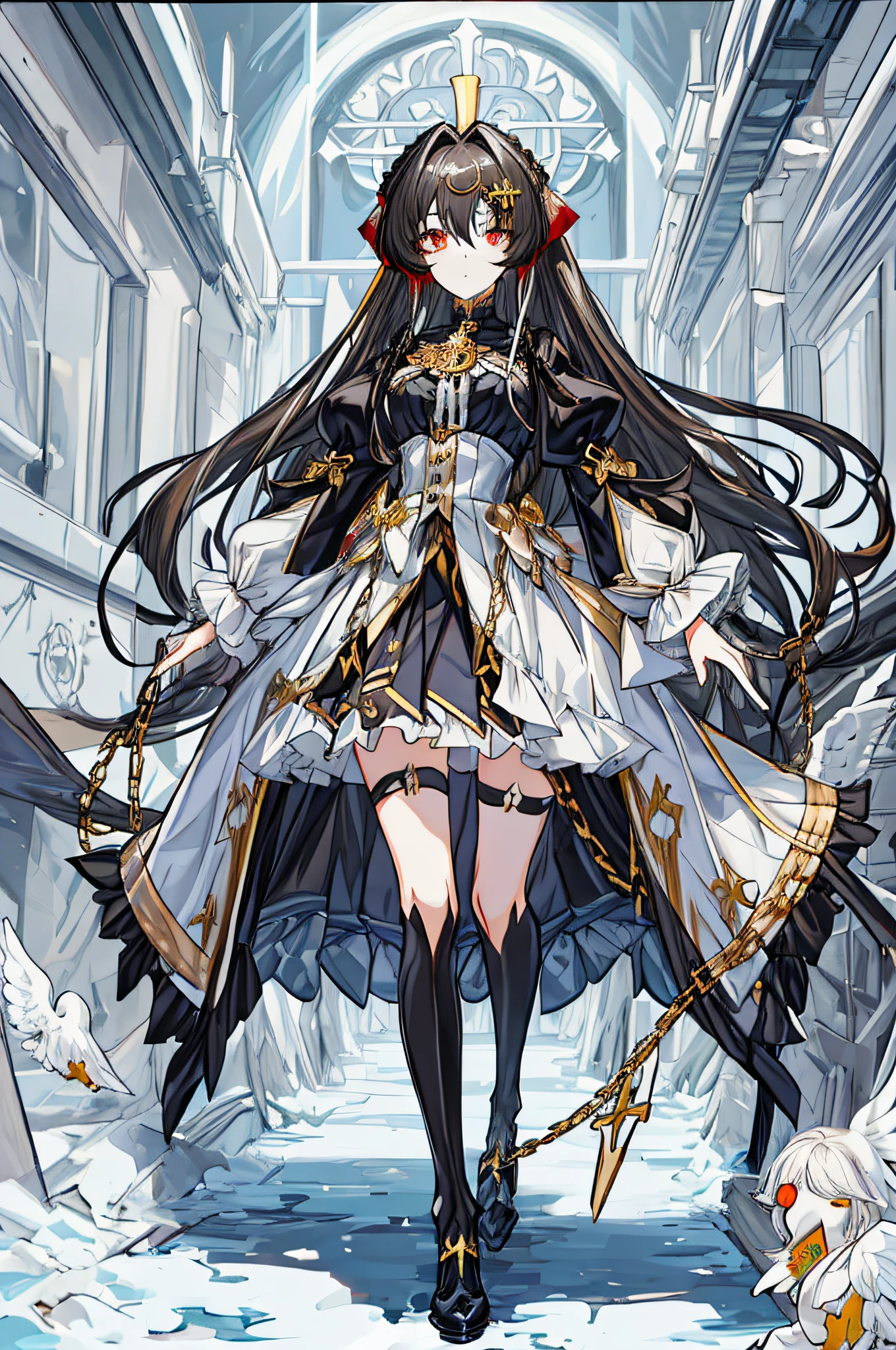 masutepiece,(top-quality),ighly detailed,Ultra-detailed, Cold, Solo, (1girl in), detailedeyes, Shining Golden Eyes, (Long River Hair), deadpan, (Long sleeves, Puffy sleeves),, (heavy-metal:1.2), (Metal jewelry), Cross Lace Footwear (chain), (white pigeon:1.2), Dull hair, Dark coat, Black eyes, monocle, Broken Mirror Earth, looking-down, (Half-tied hair), (Hair Loop)，(Dull hair:1.2) Red Eyes, hime_cut, medium breasts, Black hair, Black_hair