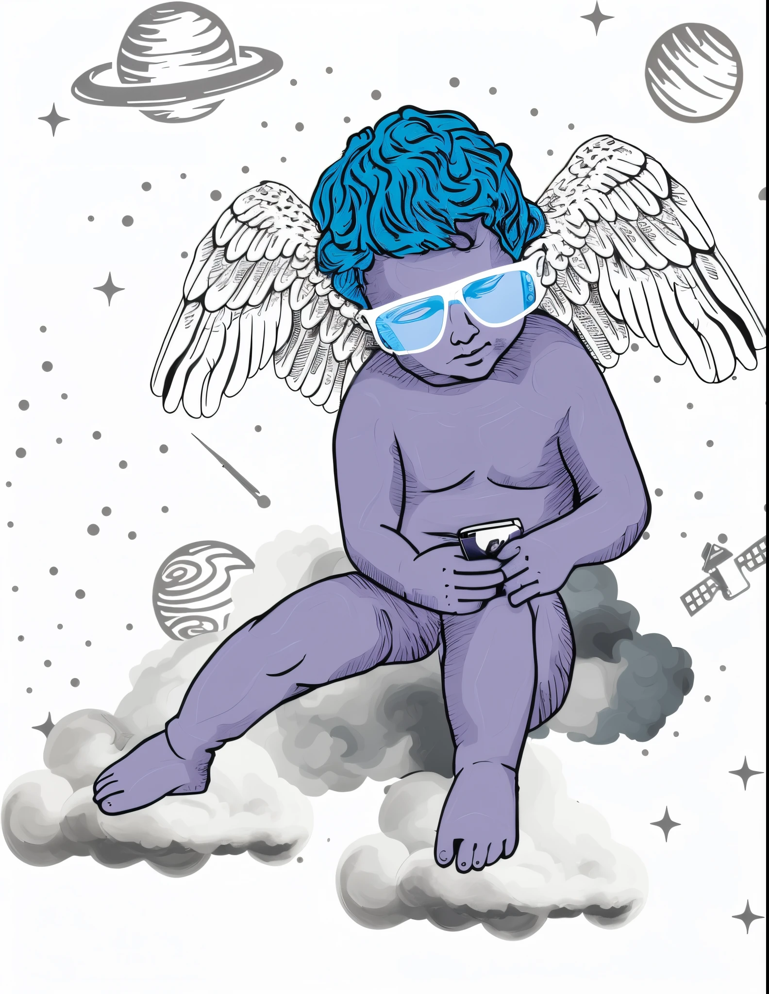 there is a drawing of a boy with blue hair and sunglasses, sitting on the cosmic cloudscape, angelheaded hipsters, querubim, vaporwave desenho animado, in illustration style digital, inspirado em William Stout, estilo de arte big tech, inspirado em Victor Moscoso, Tron Anjo, The artist is Charles Burns, major arcana sky, major arcana mason sparkles sky