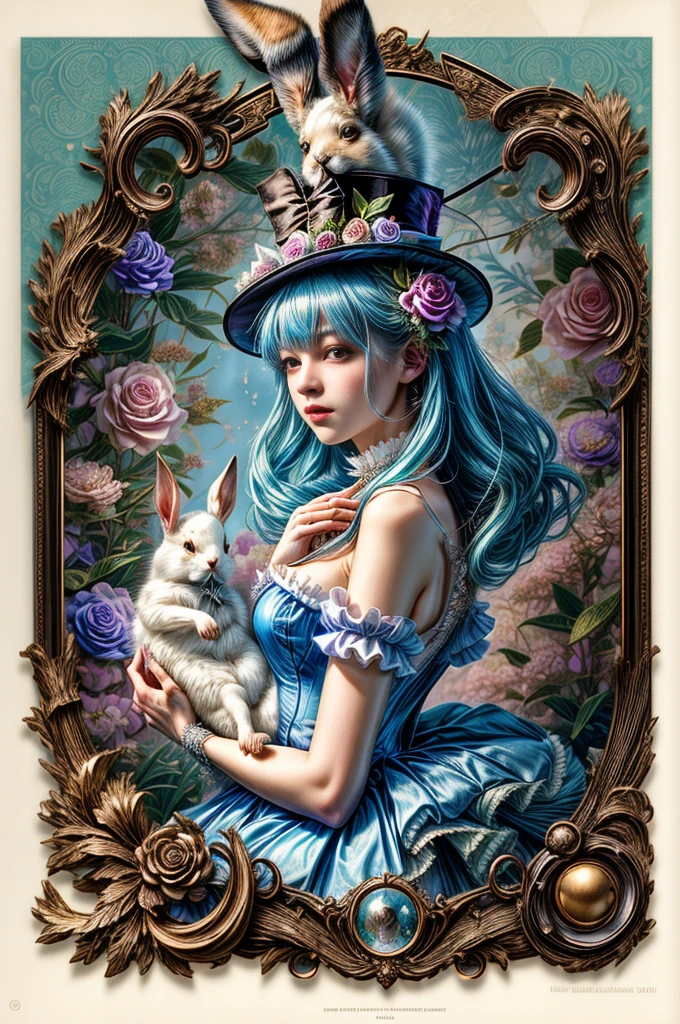 A woman wearing a top hat and holding a rabbit in her hand, Vania Zuravlyov, floralpunk elysian maiden, Hajime Sorayama Aaron Hokey, Alice in Wonderland Cyberpunk, portrait of alice in wonderland, Jean-Sebastian Rosbach, baroque visual kei decora art, inspired by Tsukioka Yoshitoshi