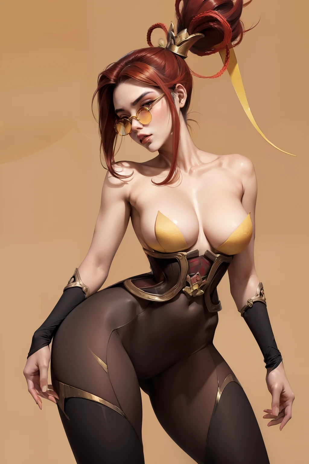 (Obra maestra:1.4), (La mejor calidad:1.2), firecracker vayne, 1girl, glasses, nude, hair ornament, ribbon, pantyhose, ponytail, (big tits:1.1), beautiful face, perfect anatomy body proportions, sensual + sophisticated, glamorous, provocative, elegant , seductive pose, (Topless:1.1)