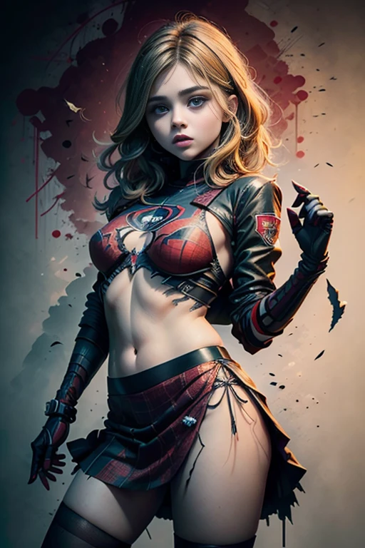 chloë grace moretz、Sticking out the navel、newyork、She wears a torn Spider-Man suit,wearing skirt、 Red and black color scheme,Dynamic、masterpiece、top-quality、ultra-detailliert、ighly detailed、beautiful detailed brilliance、超A high resolution