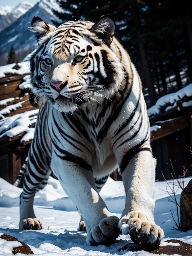 (best quality,4k,8k,highres,masterpiece:1.2,ultra-detailed,realistic,photorealistic:1.37, RAW photo, Nikon, portrait) a white tiger hunting, snow mountains for background, blurry background, bokeh, macro photo, UHD, 16k, best quality, super detail, retina, Yellow Eyes