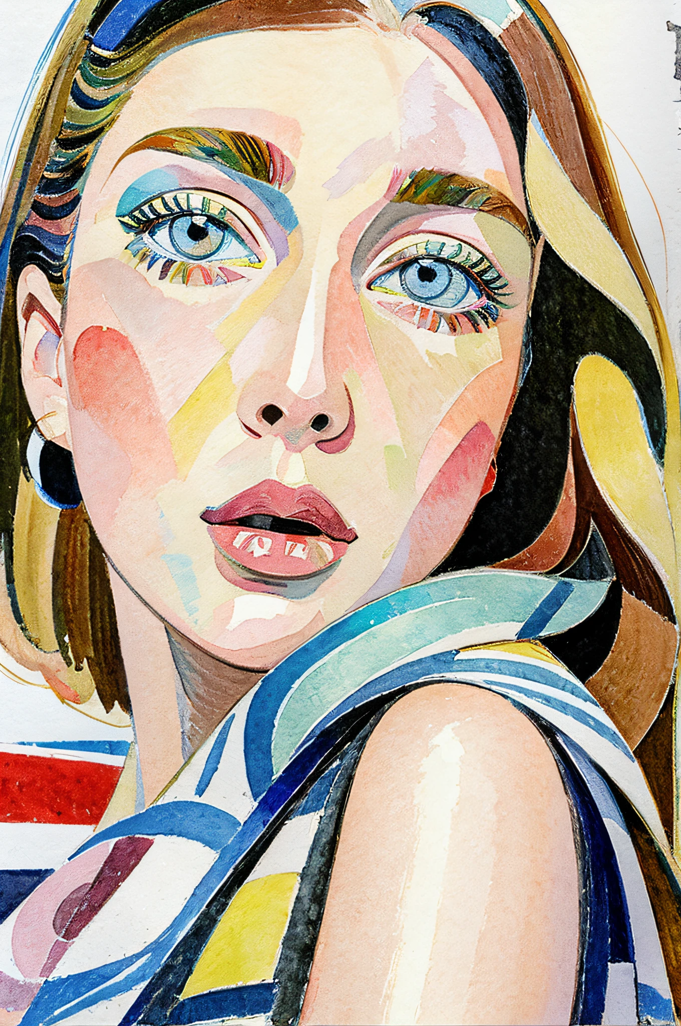 Sketched, watercolor paiting, Collage of Picasso and Robert Delaunay, cubism, Abstract, Cute daughter, big clear blue eyes, Little red cheeks, Blonde long-haired, Face-centric, Against the backdrop of newspapers and fashion magazines, Intricate Brushwork, high-level image quality, A breathtaking masterpiece